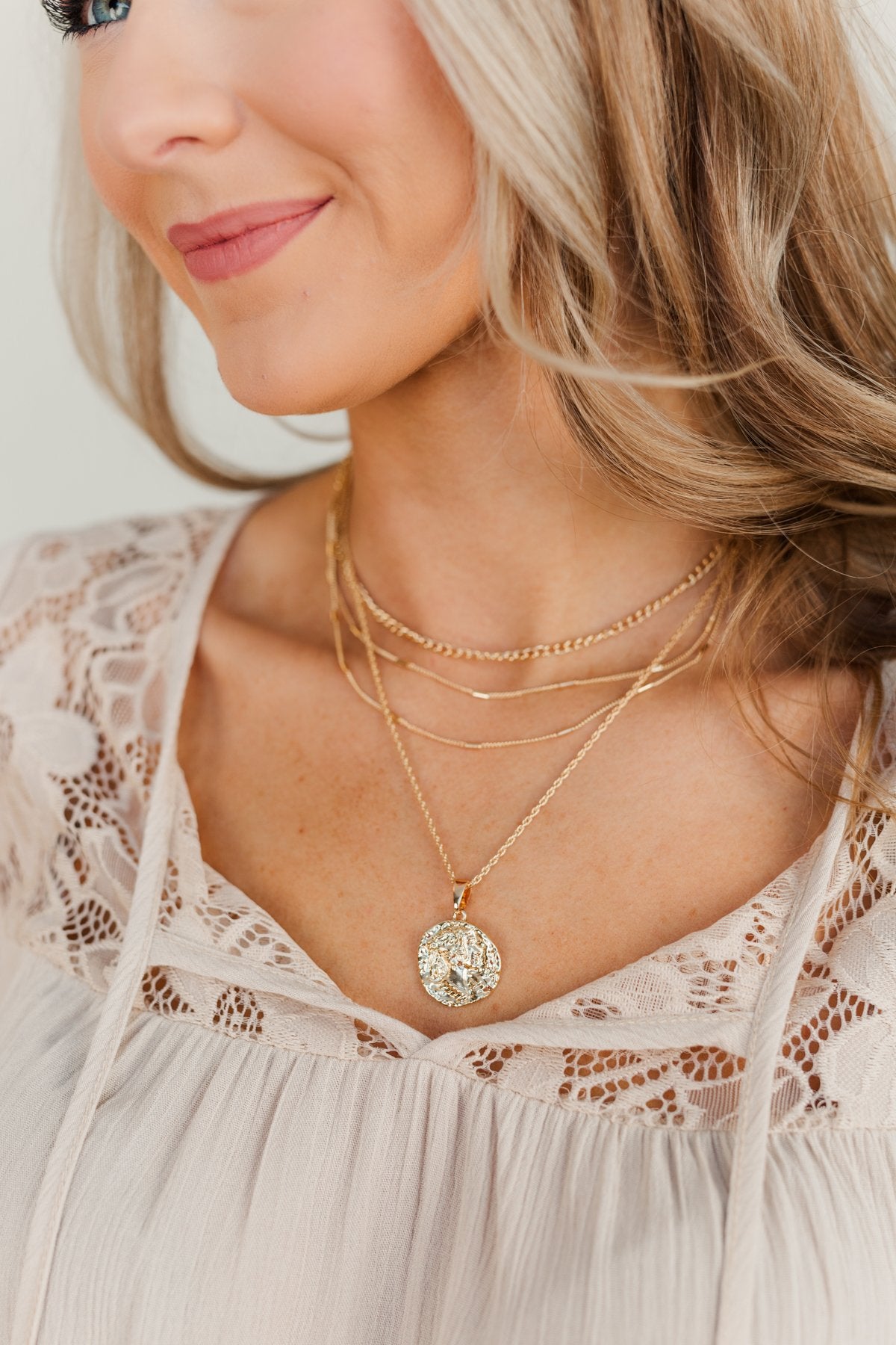 4 Tier Textured Coin Necklace- Gold