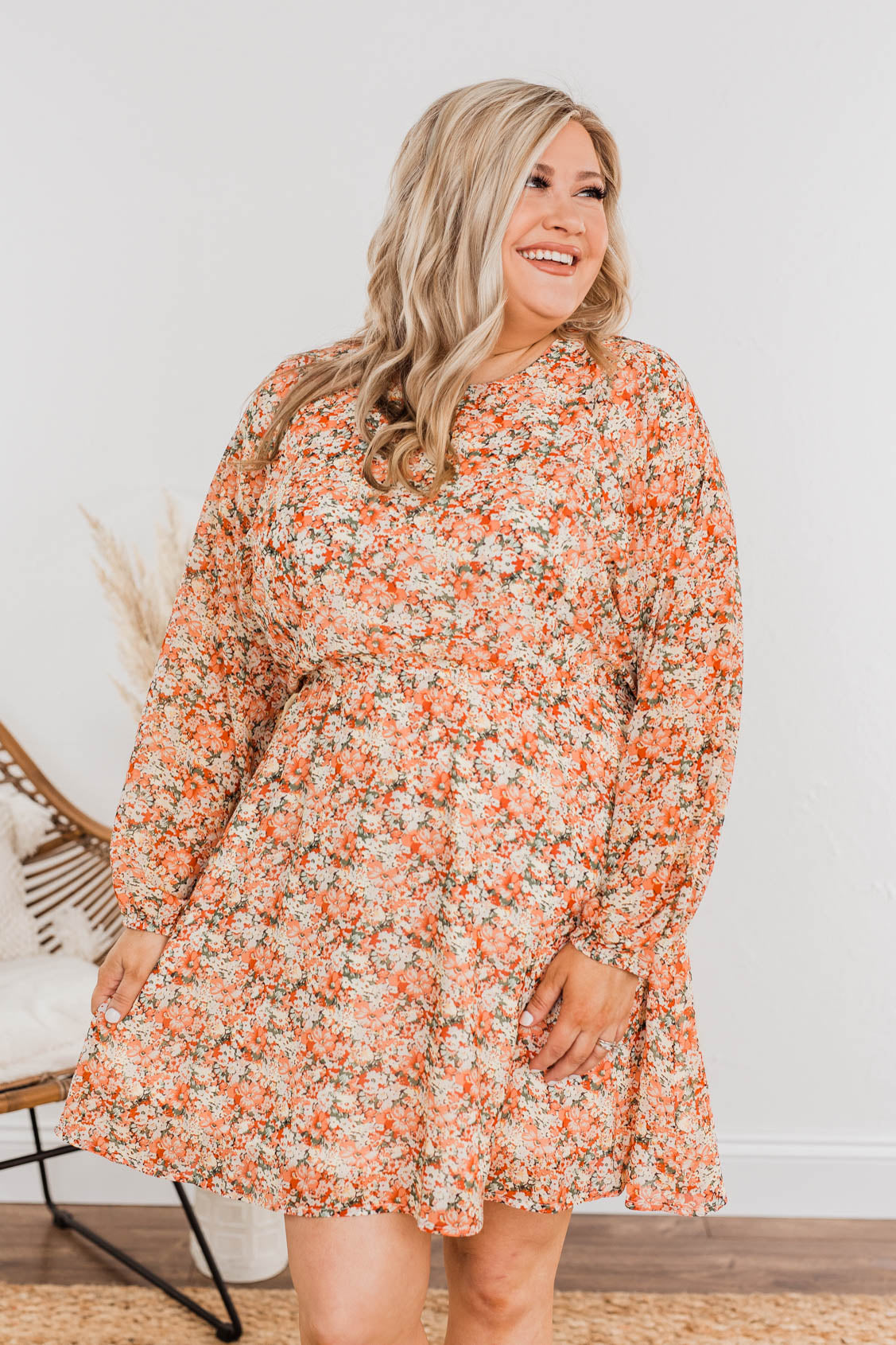 Blossoming Emotions Long Sleeve Floral Dress- Peach