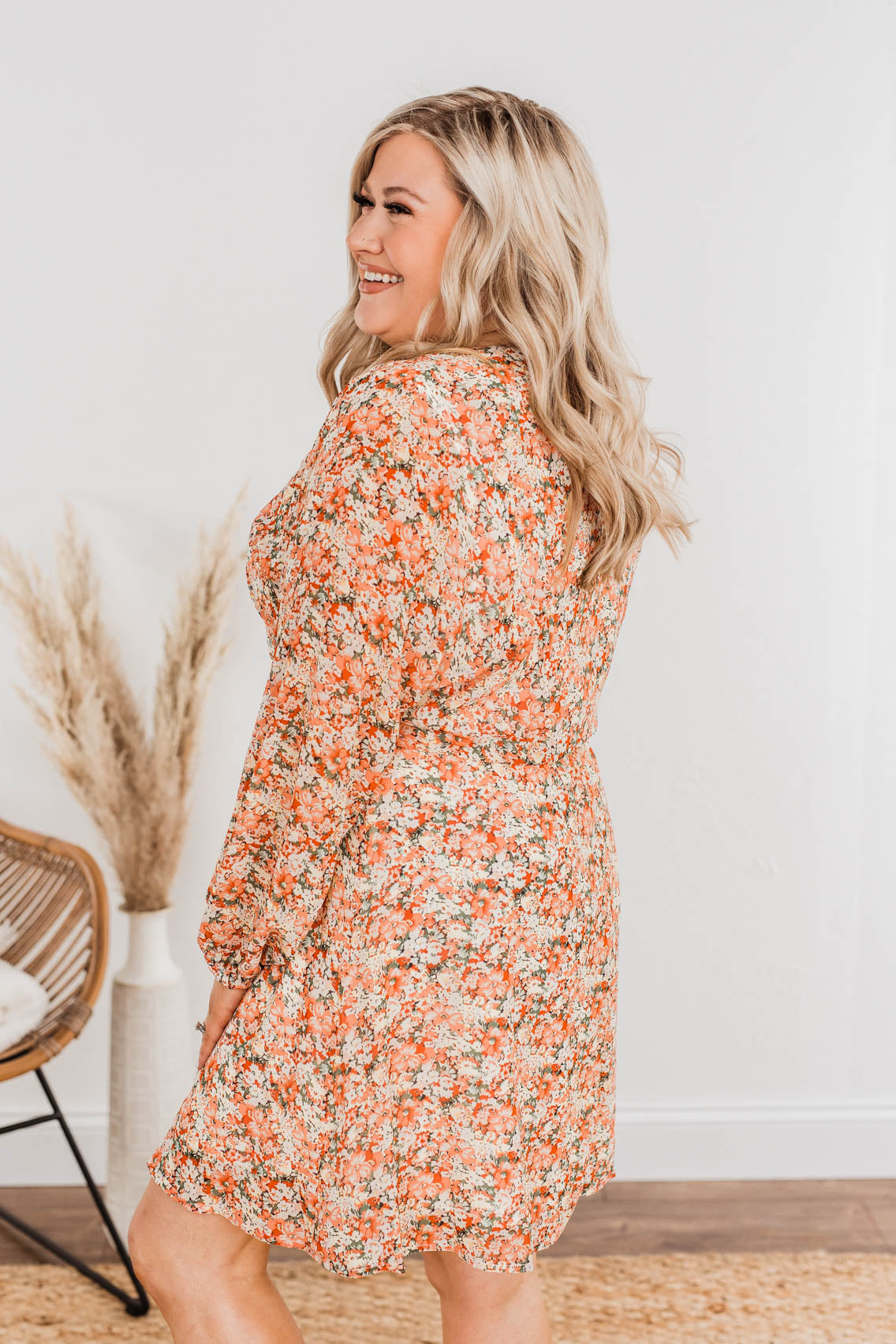 Blossoming Emotions Long Sleeve Floral Dress- Peach