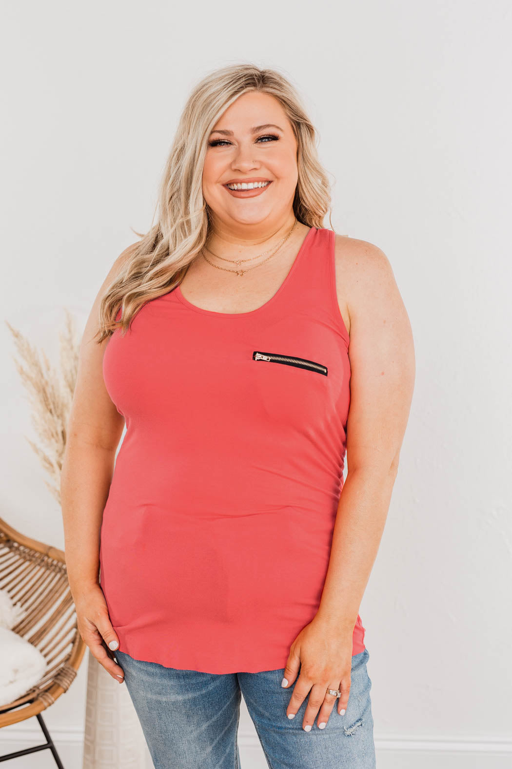Basic Zipper Pocket Tank- Coral