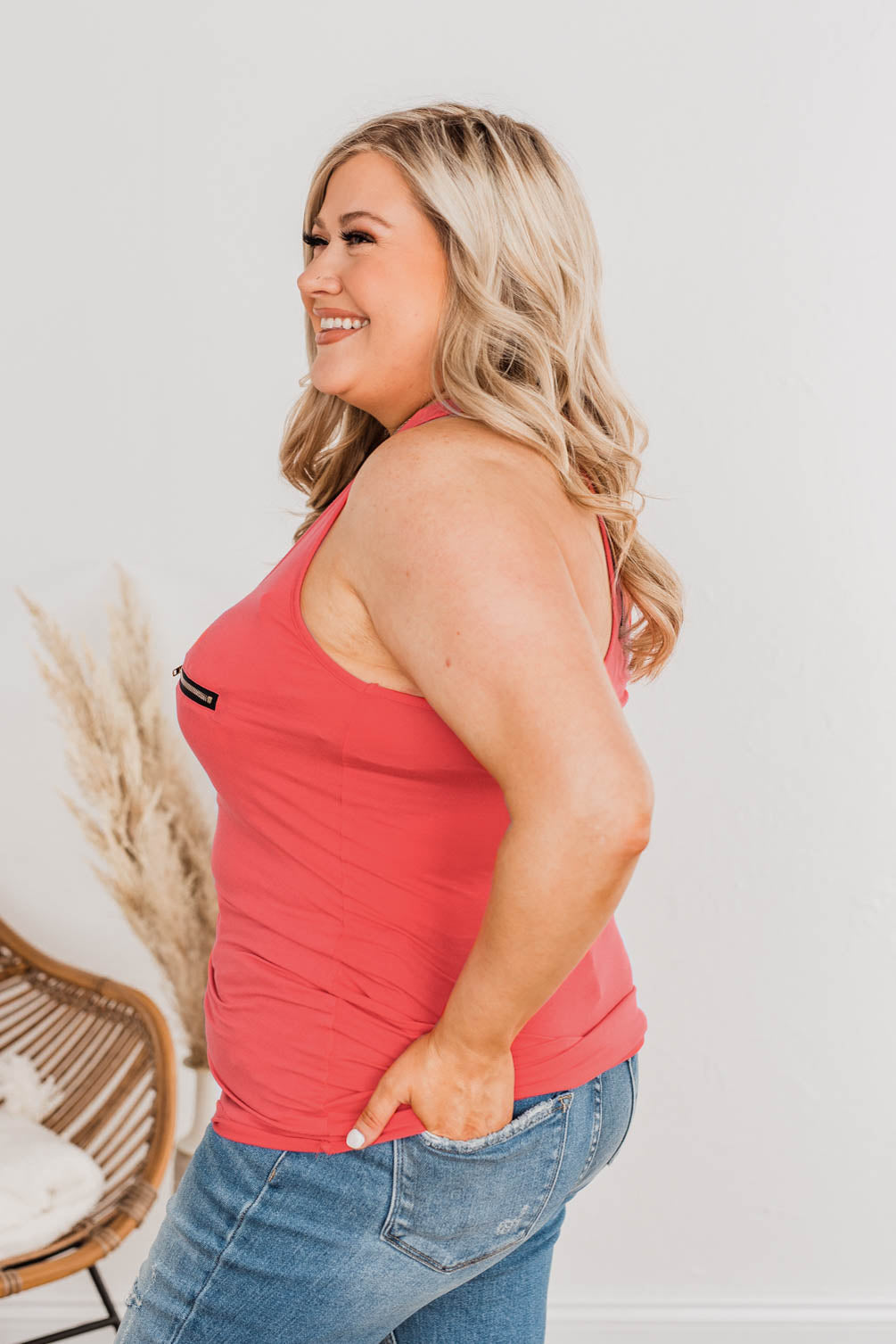 Basic Zipper Pocket Tank- Coral