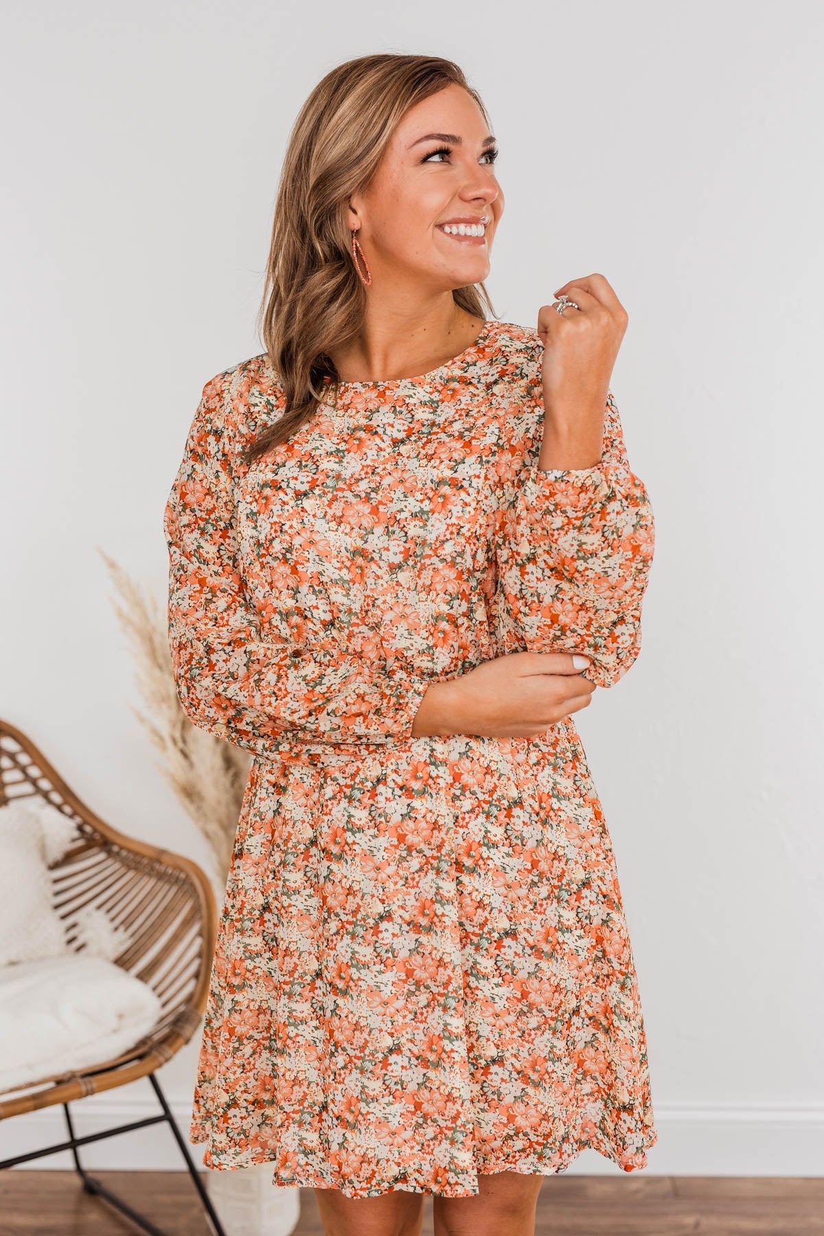Blossoming Emotions Long Sleeve Floral Dress- Peach