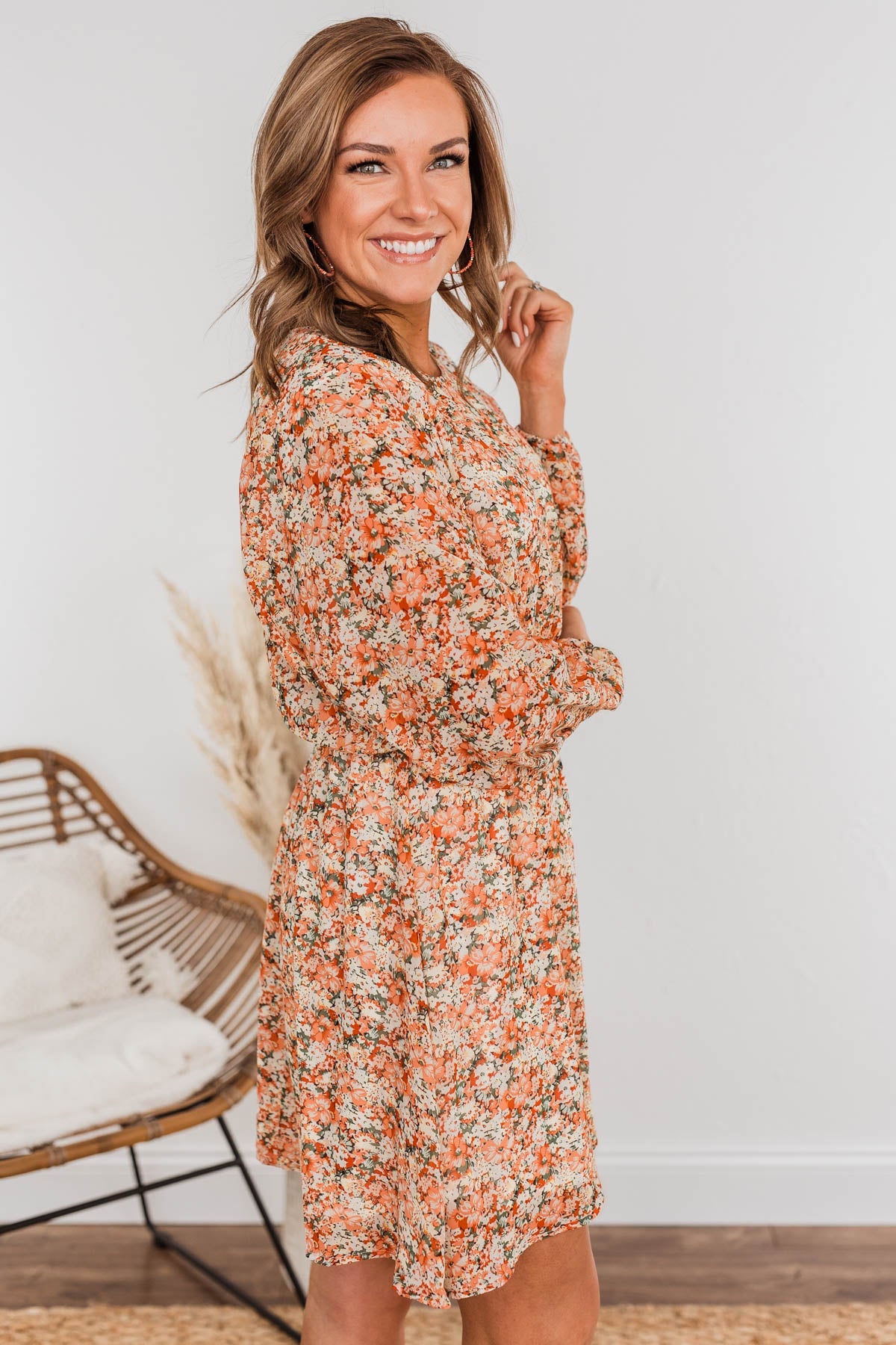 Blossoming Emotions Long Sleeve Floral Dress- Peach