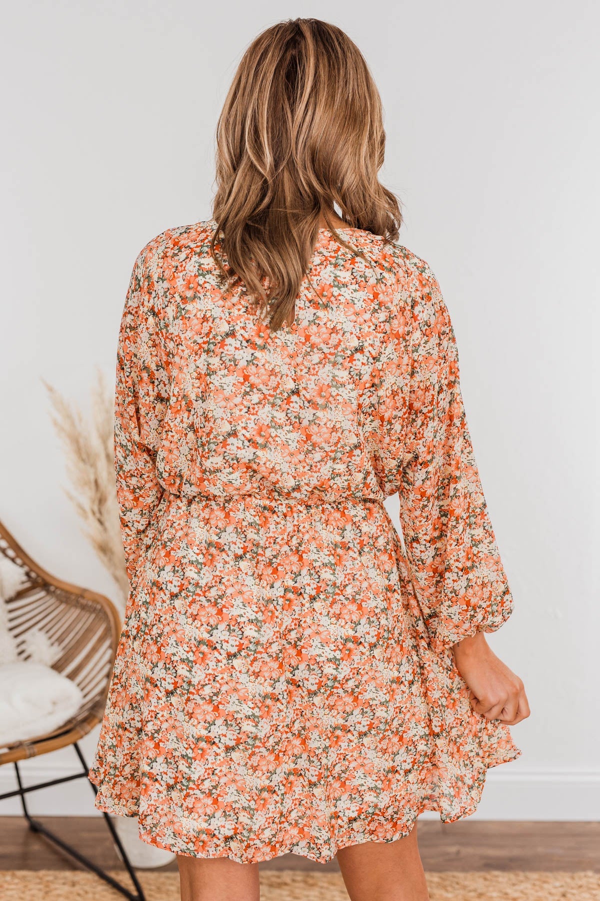 Blossoming Emotions Long Sleeve Floral Dress- Peach