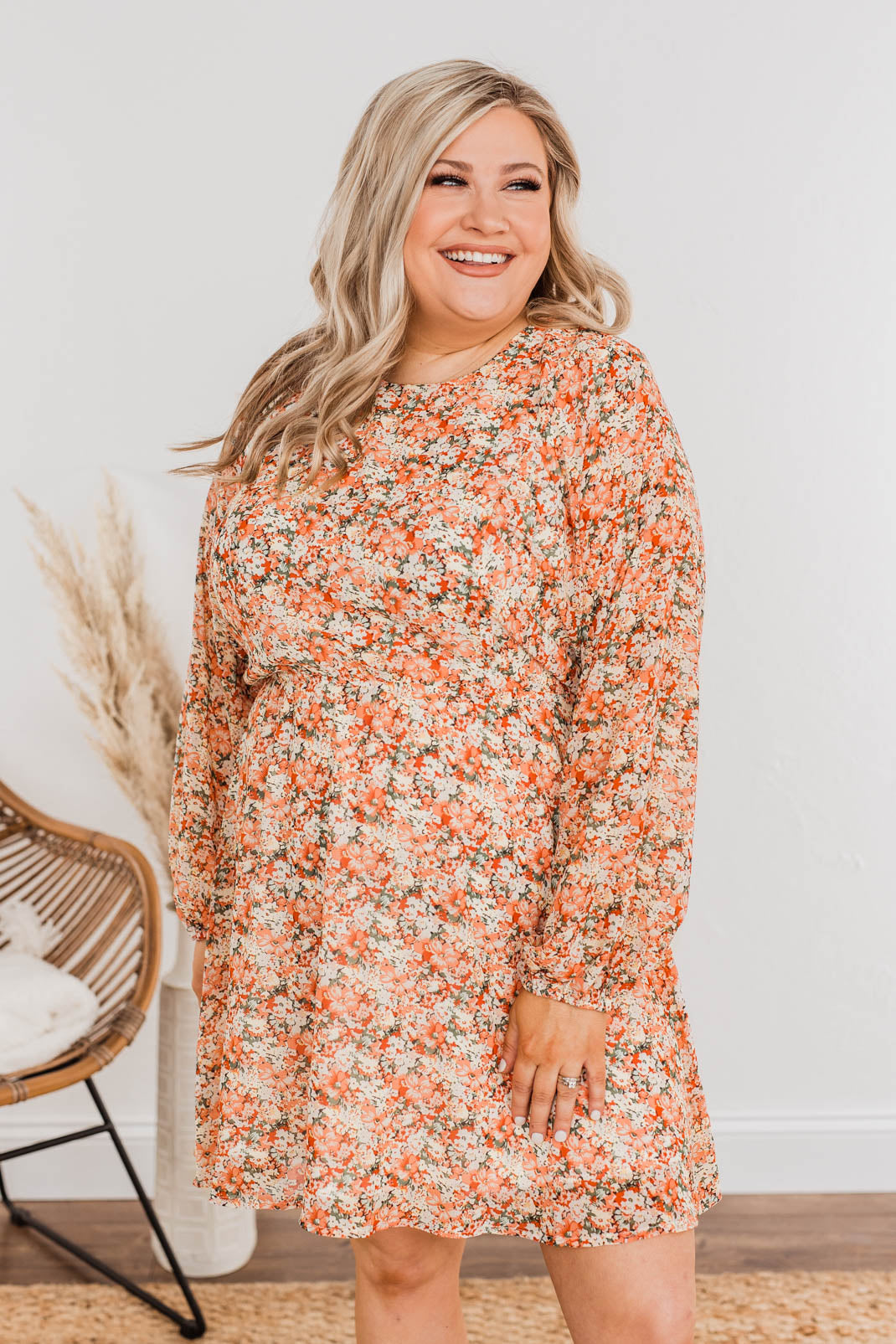 Blossoming Emotions Long Sleeve Floral Dress- Peach