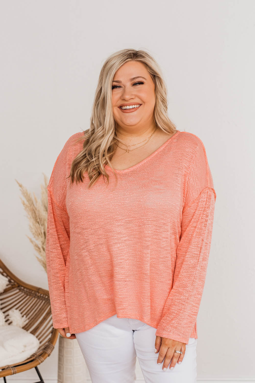 Feeling Breezy Sheer Knit Top- Coral