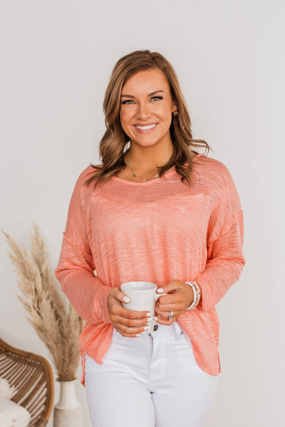 Feeling Breezy Sheer Knit Top- Coral