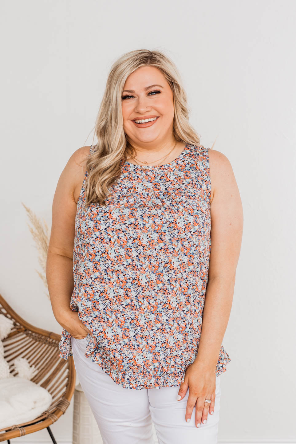 Butterfly Kisses Floral Sleeveless Blouse- Peach & Navy