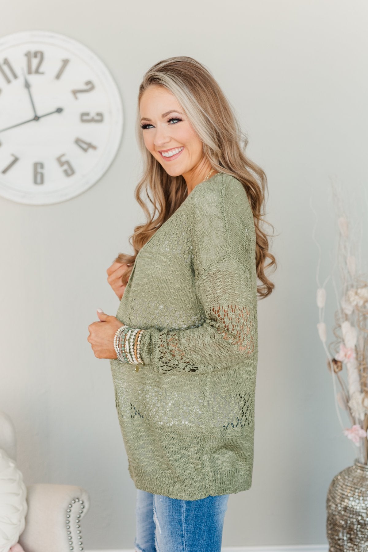 Lovely Life To Live Open Knit Cardigan- Sage