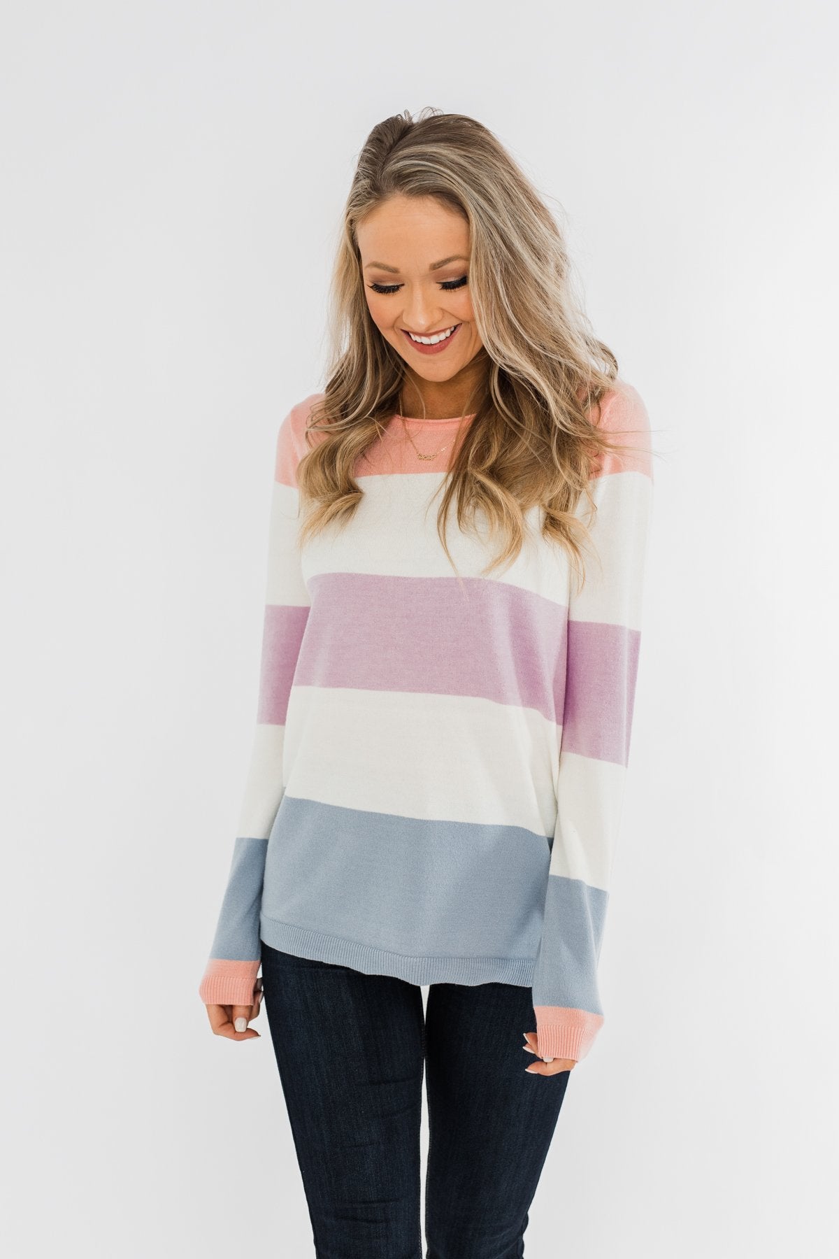Here She Comes Sweater- Peach, Orchid & Steal Blue