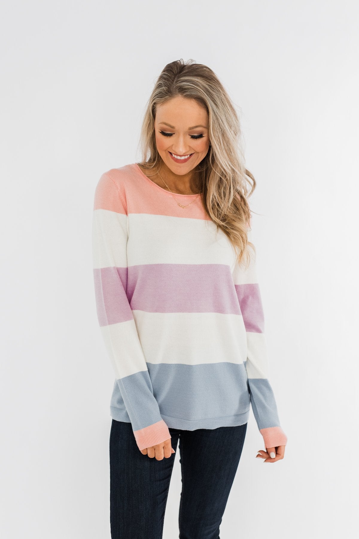 Here She Comes Sweater- Peach, Orchid & Steal Blue