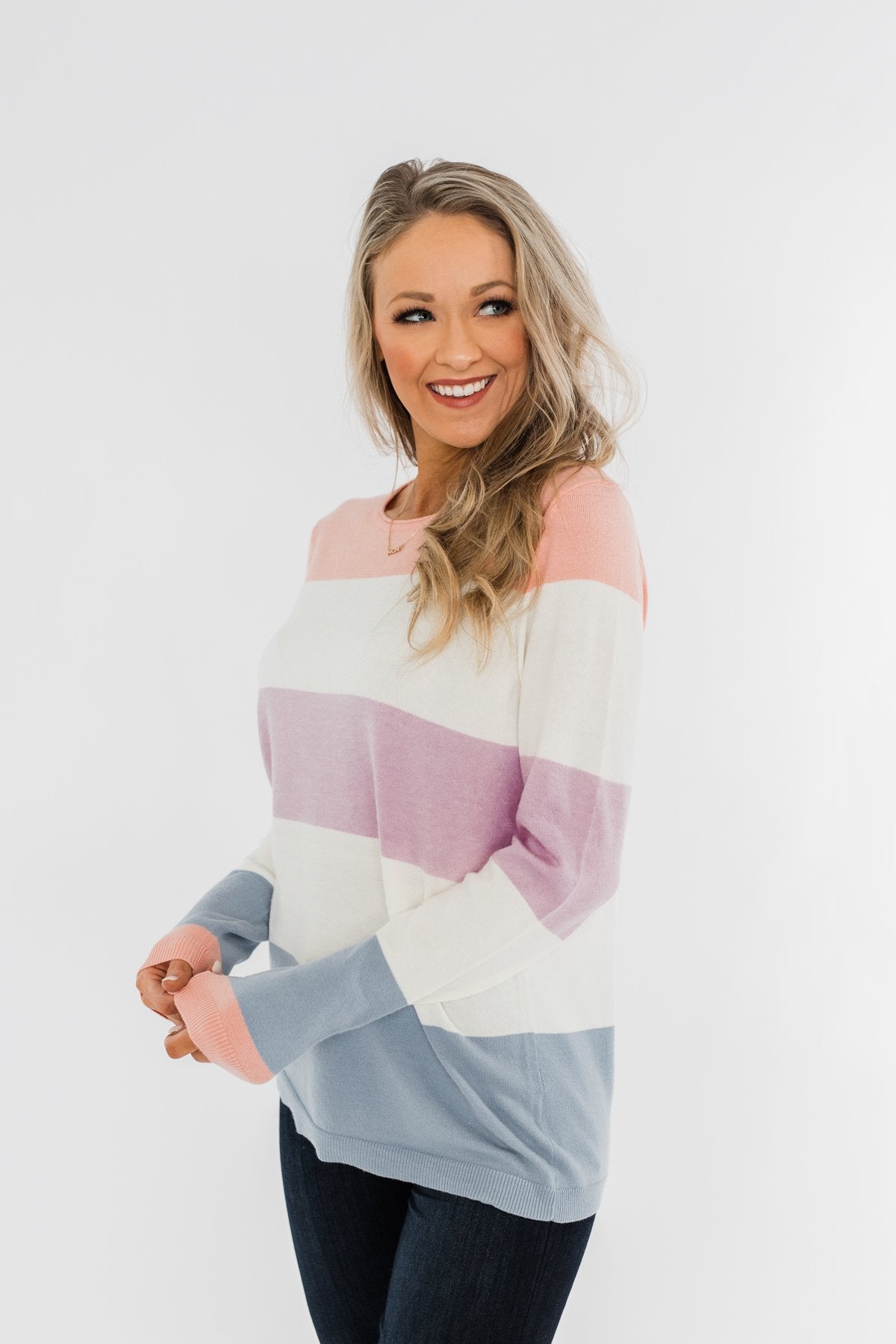 Here She Comes Sweater- Peach, Orchid & Steal Blue