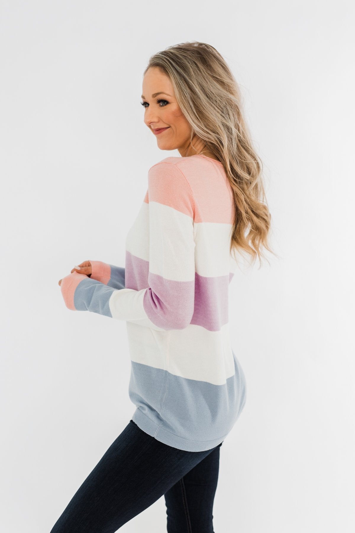 Here She Comes Sweater- Peach, Orchid & Steal Blue