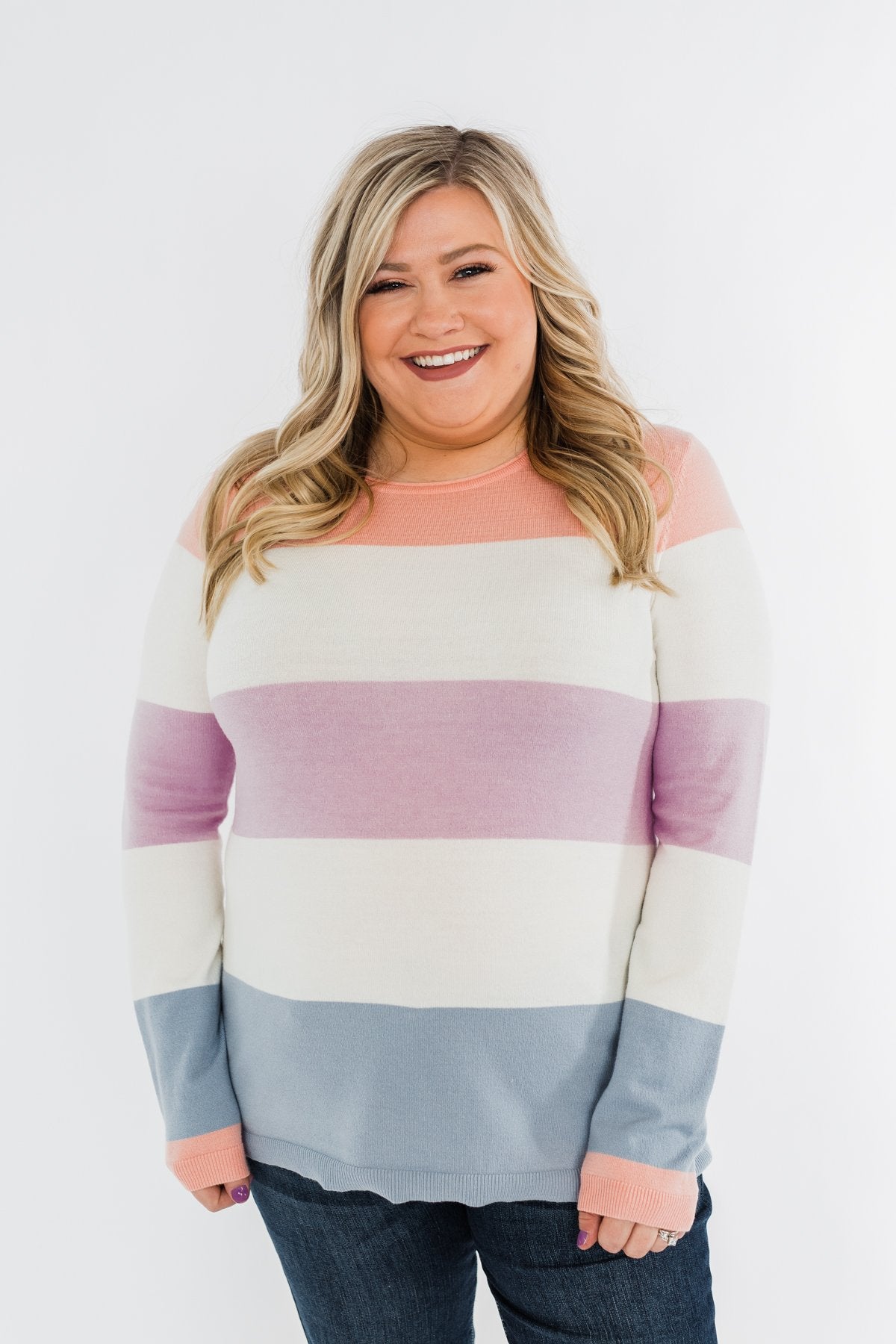Here She Comes Sweater- Peach, Orchid & Steal Blue