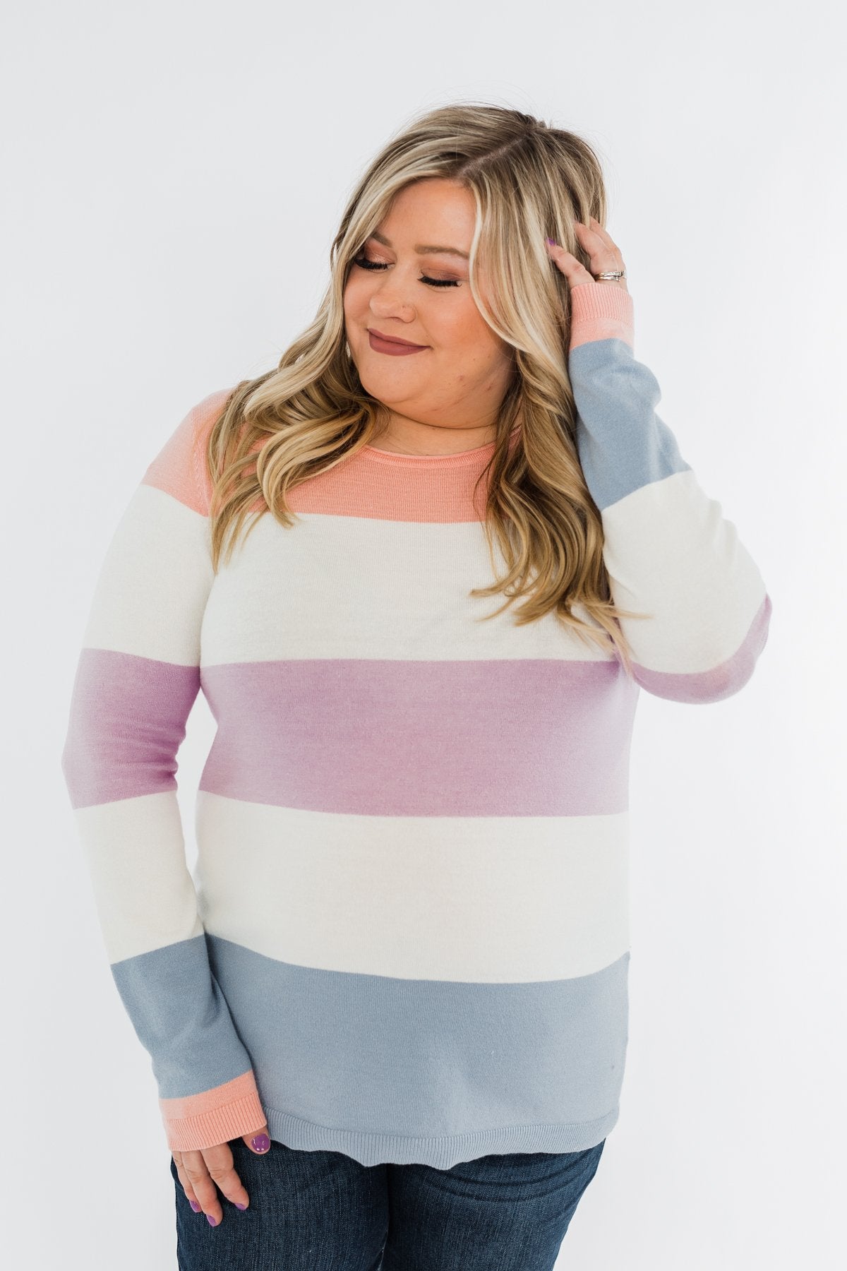 Here She Comes Sweater- Peach, Orchid & Steal Blue