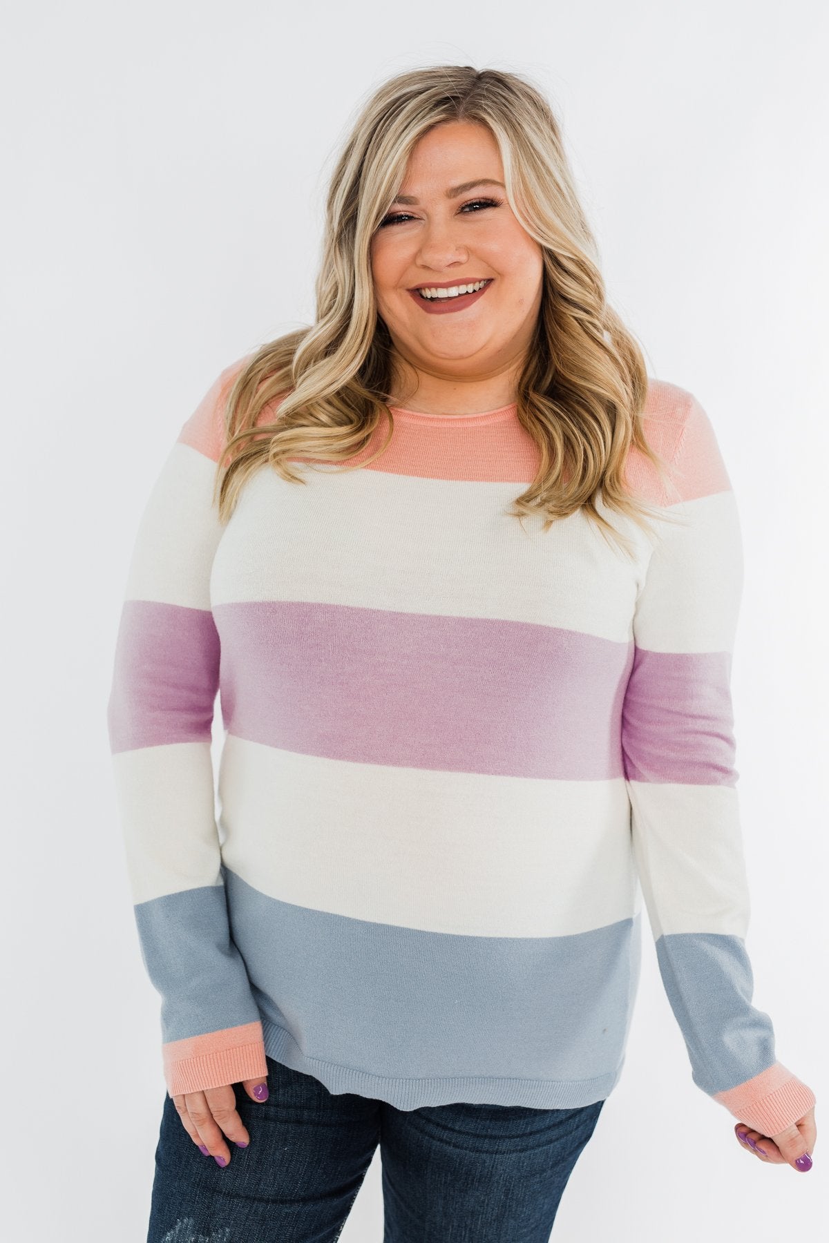 Here She Comes Sweater- Peach, Orchid & Steal Blue