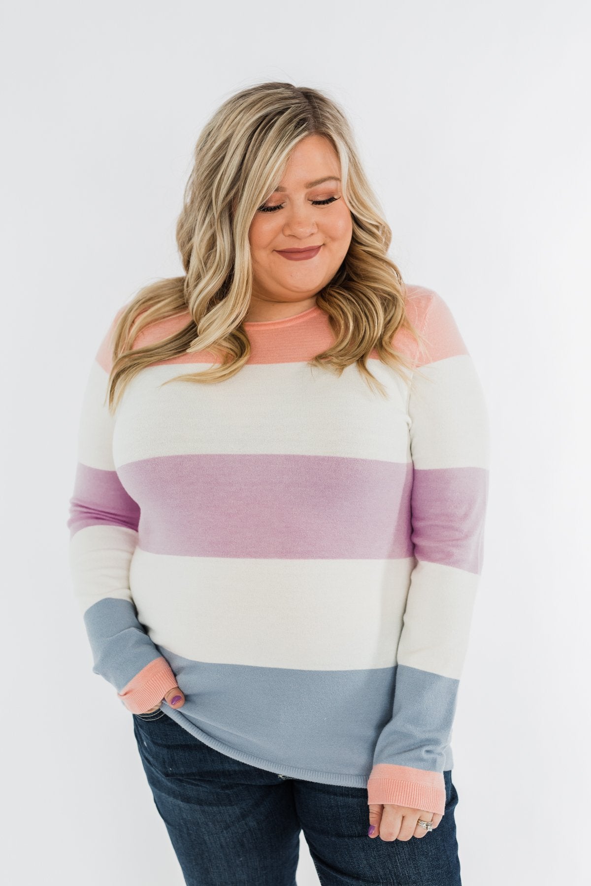 Here She Comes Sweater- Peach, Orchid & Steal Blue