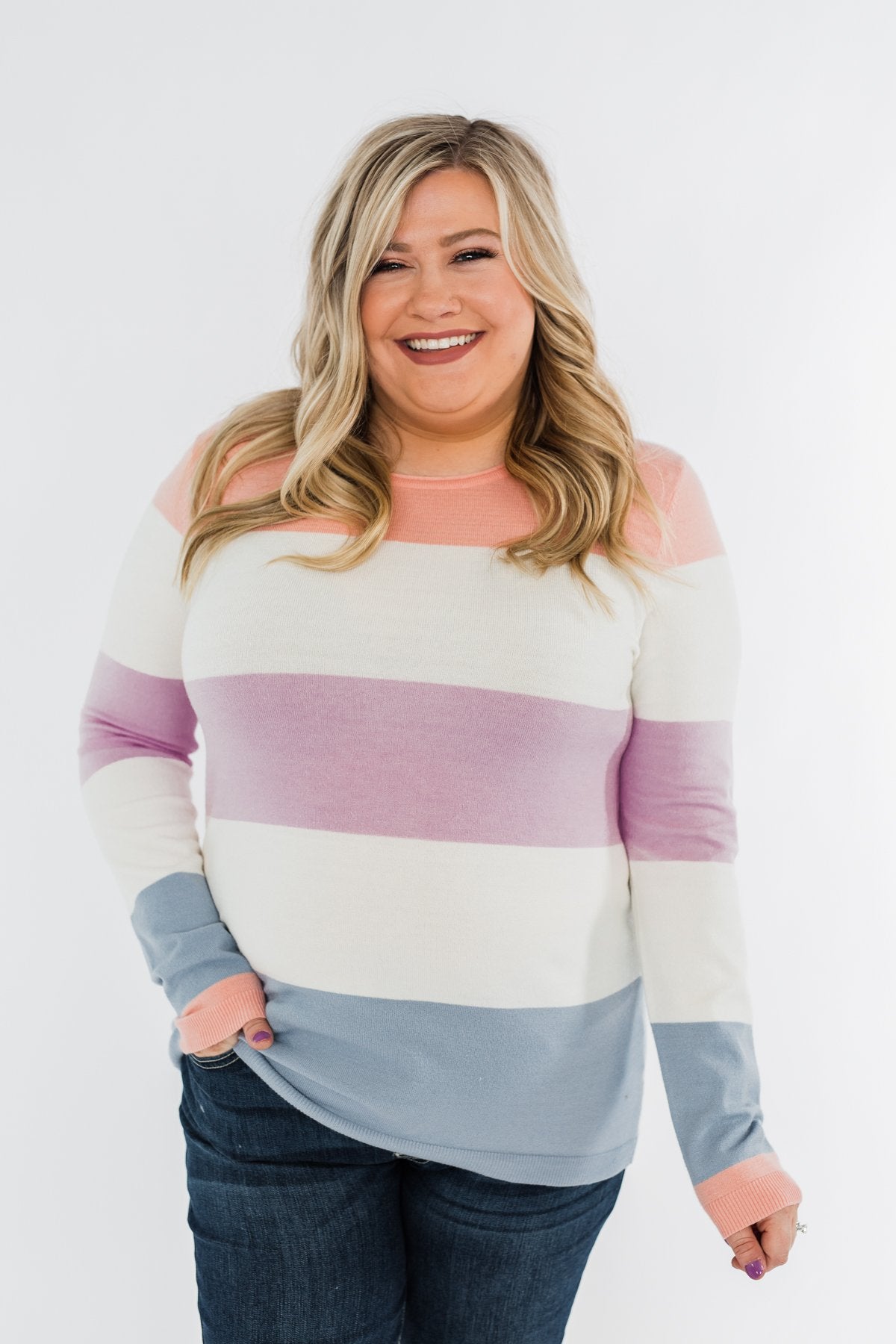 Here She Comes Sweater- Peach, Orchid & Steal Blue