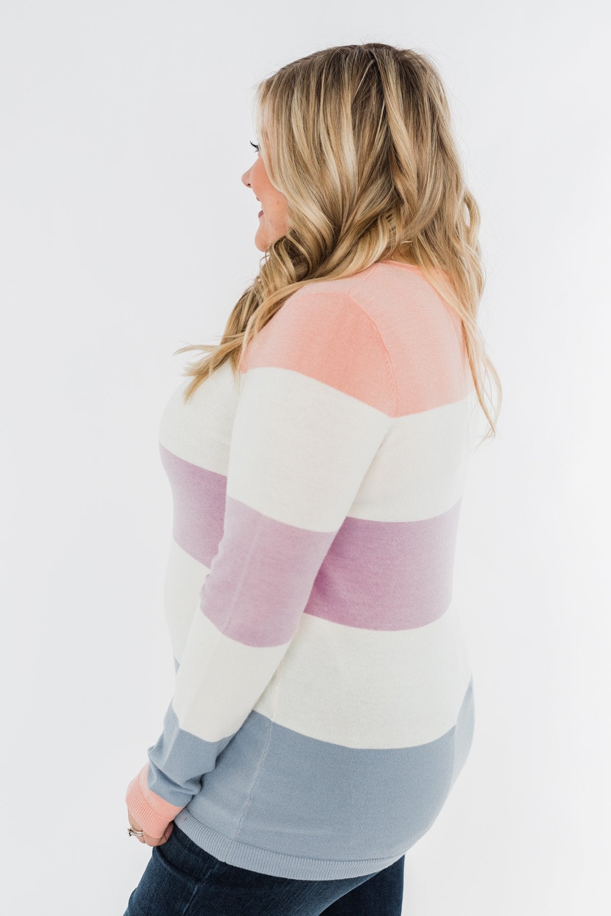 Here She Comes Sweater- Peach, Orchid & Steal Blue