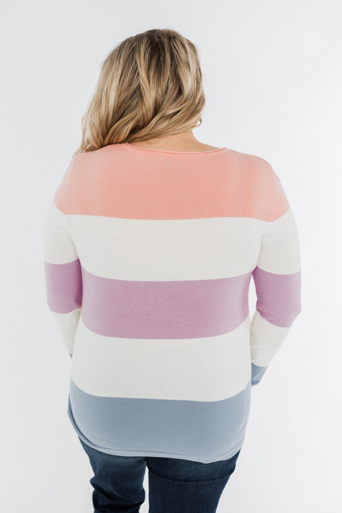 Here She Comes Sweater- Peach, Orchid & Steal Blue