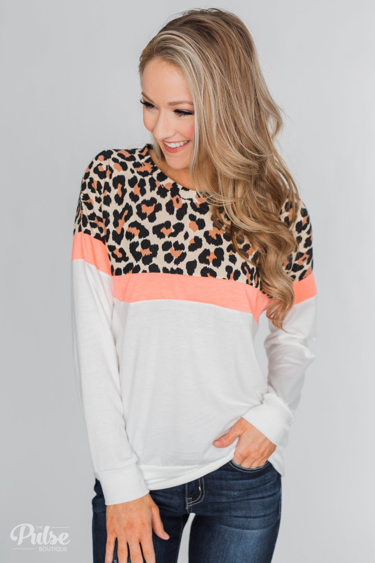 Cheerful in Leopard Color Block Top- Neon & Ivory