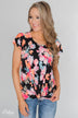 Coral Floral Knot Top- Black