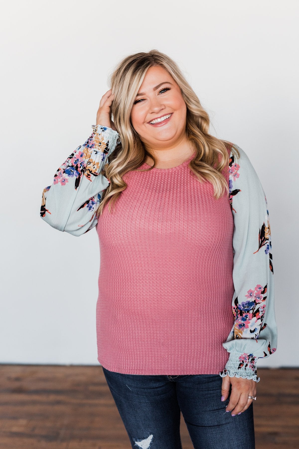 Proud To Be Me Waffle Knit Top- Mauve Pink & Light Blue