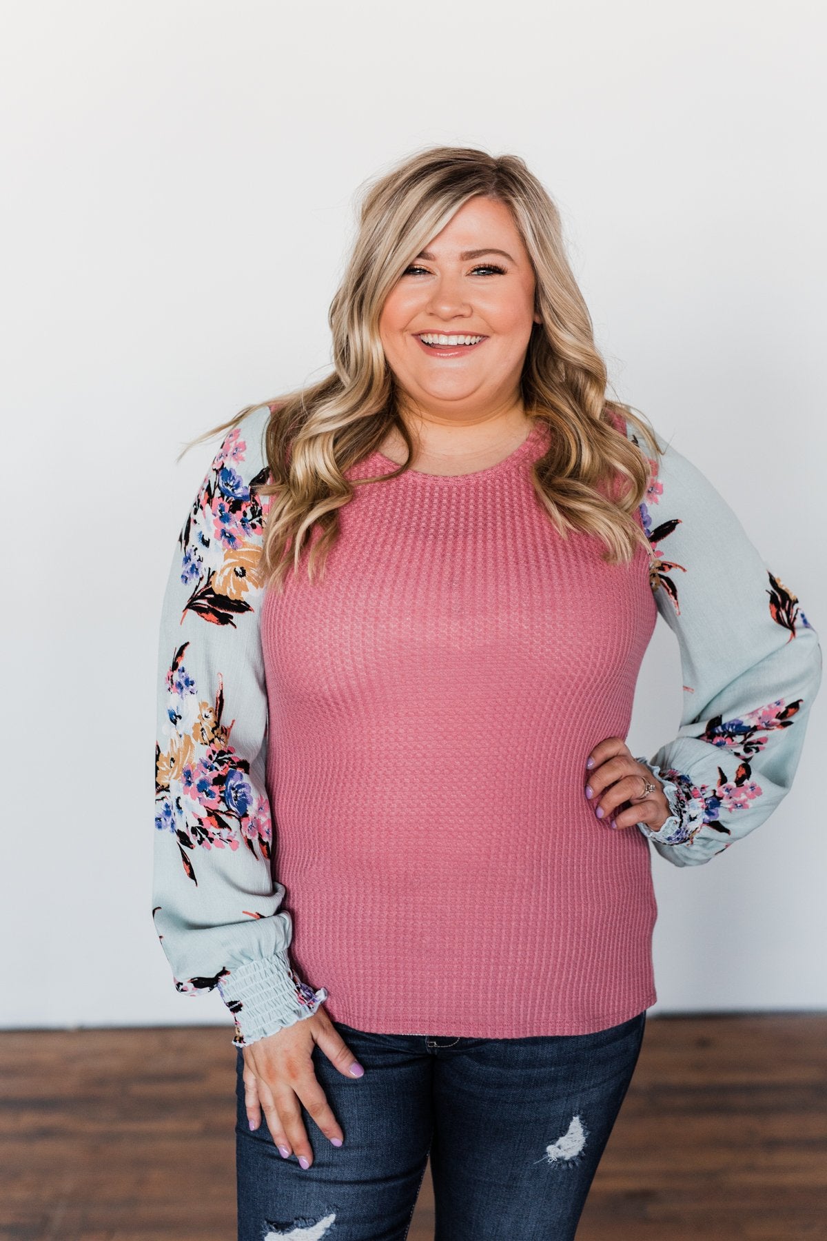 Proud To Be Me Waffle Knit Top- Mauve Pink & Light Blue