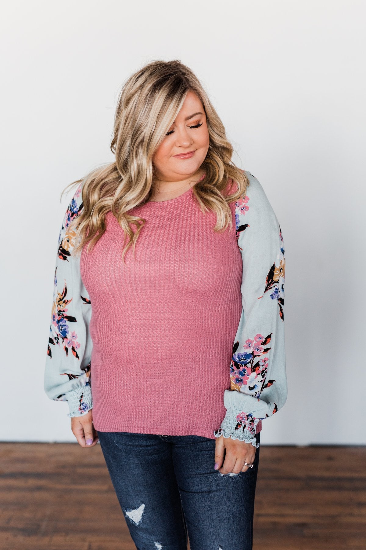 Proud To Be Me Waffle Knit Top- Mauve Pink & Light Blue