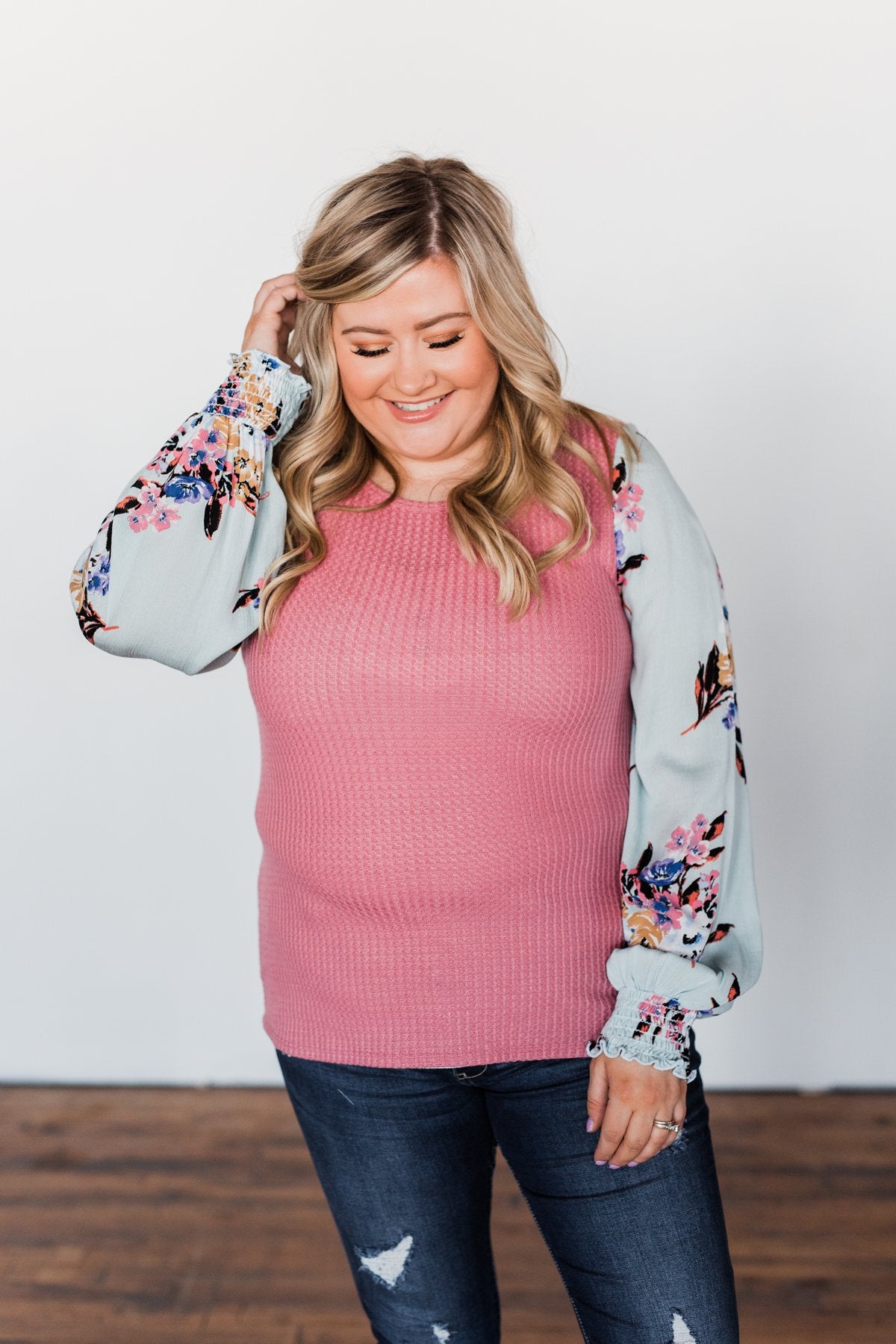 Proud To Be Me Waffle Knit Top- Mauve Pink & Light Blue