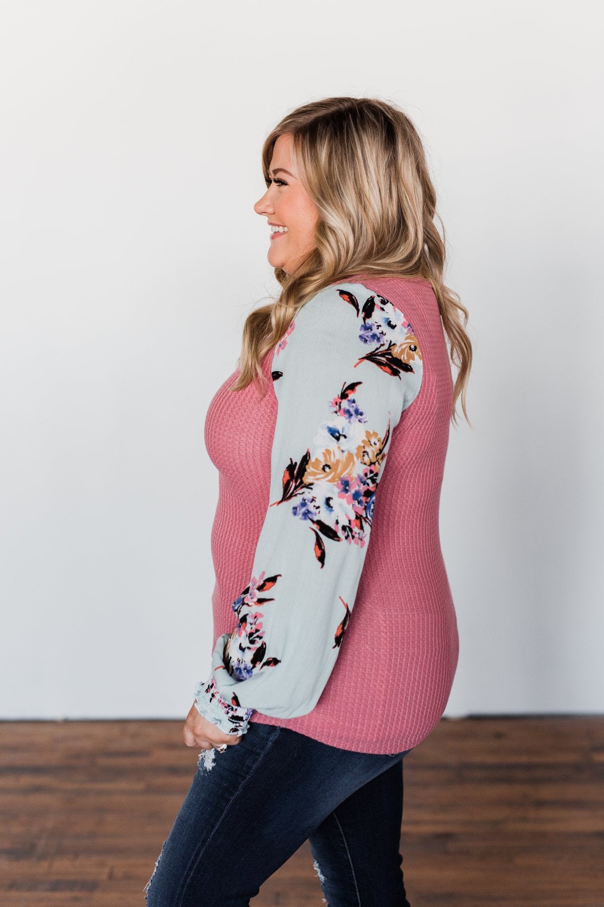 Proud To Be Me Waffle Knit Top- Mauve Pink & Light Blue