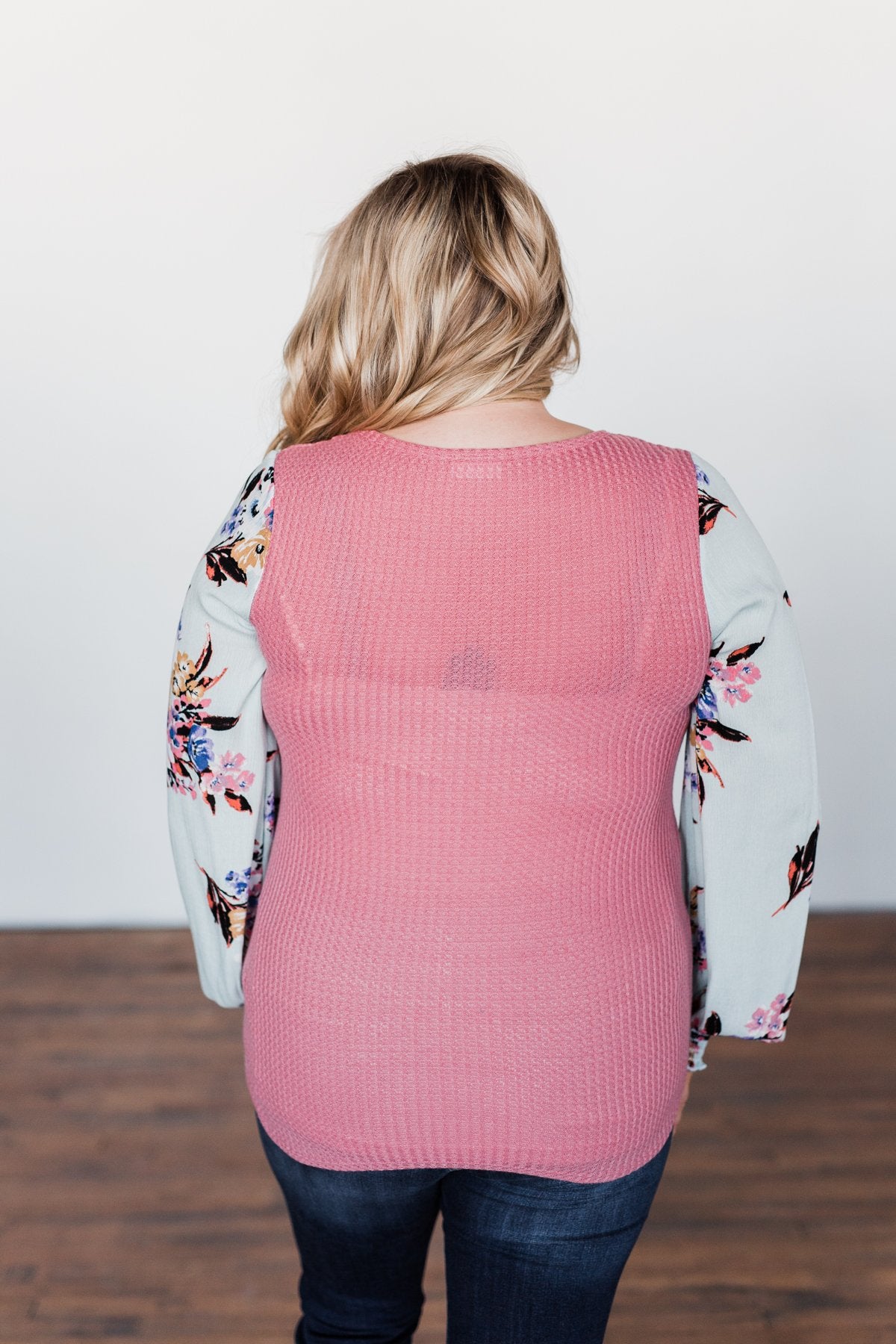Proud To Be Me Waffle Knit Top- Mauve Pink & Light Blue