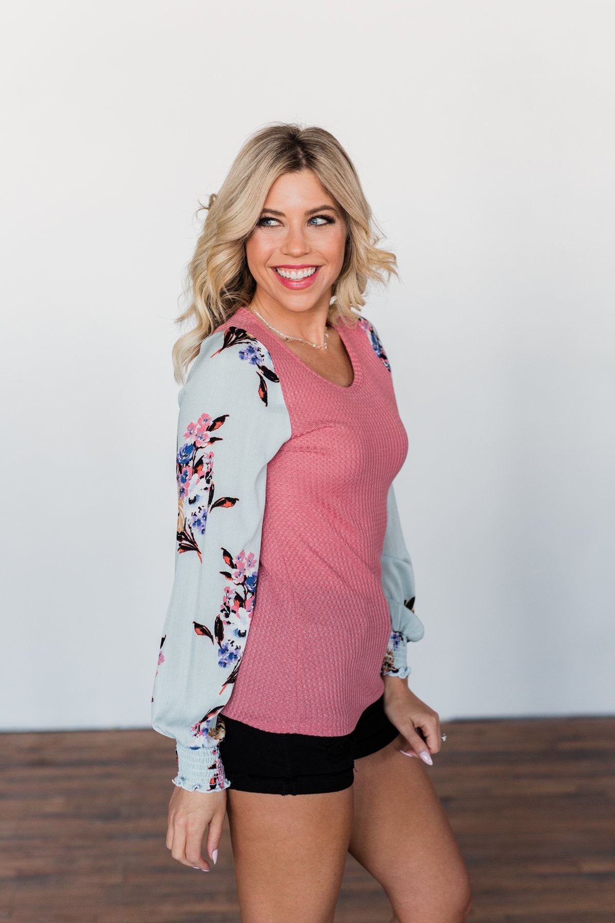 Proud To Be Me Waffle Knit Top- Mauve Pink & Light Blue