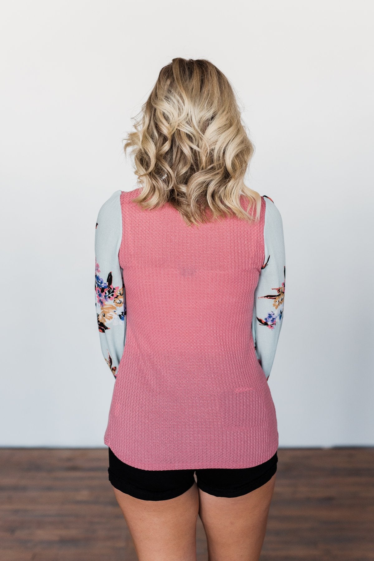 Proud To Be Me Waffle Knit Top- Mauve Pink & Light Blue