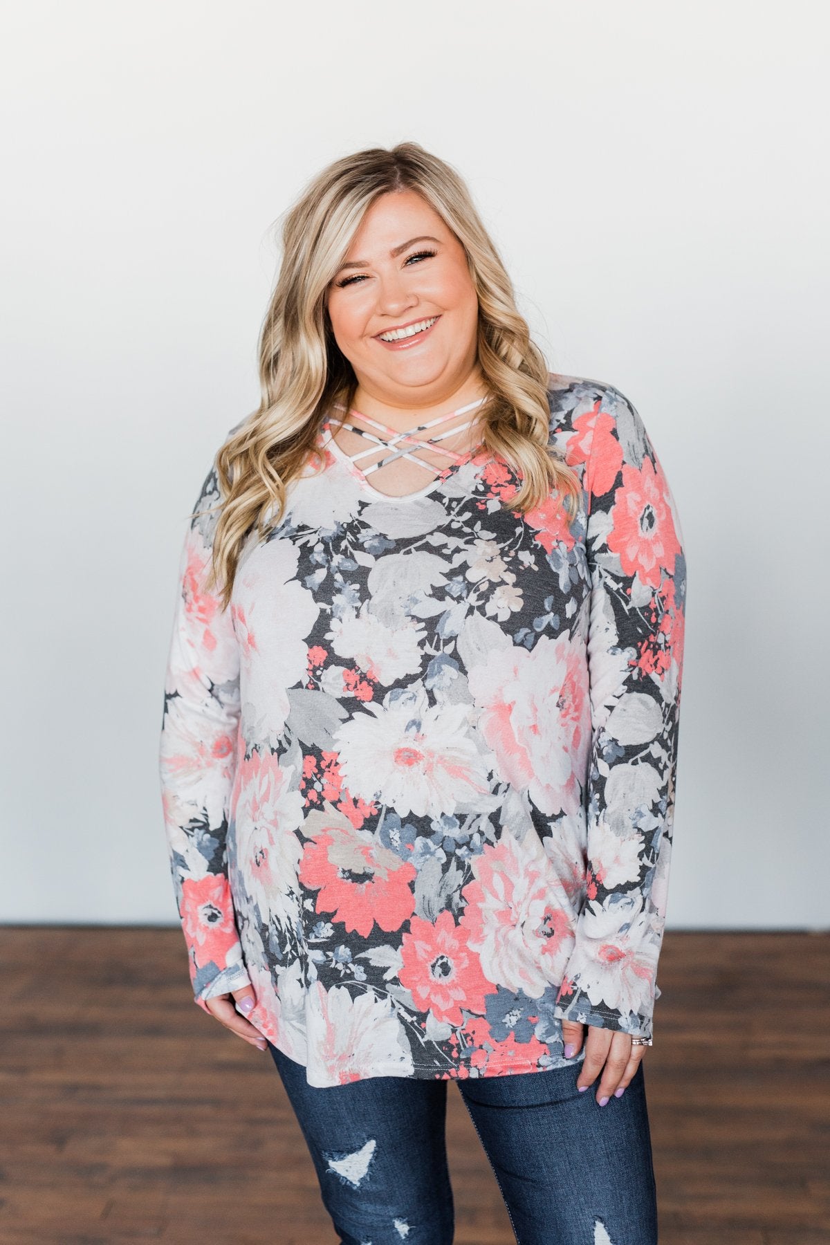 Finding Happiness Criss Cross Top- Charcoal & Coral