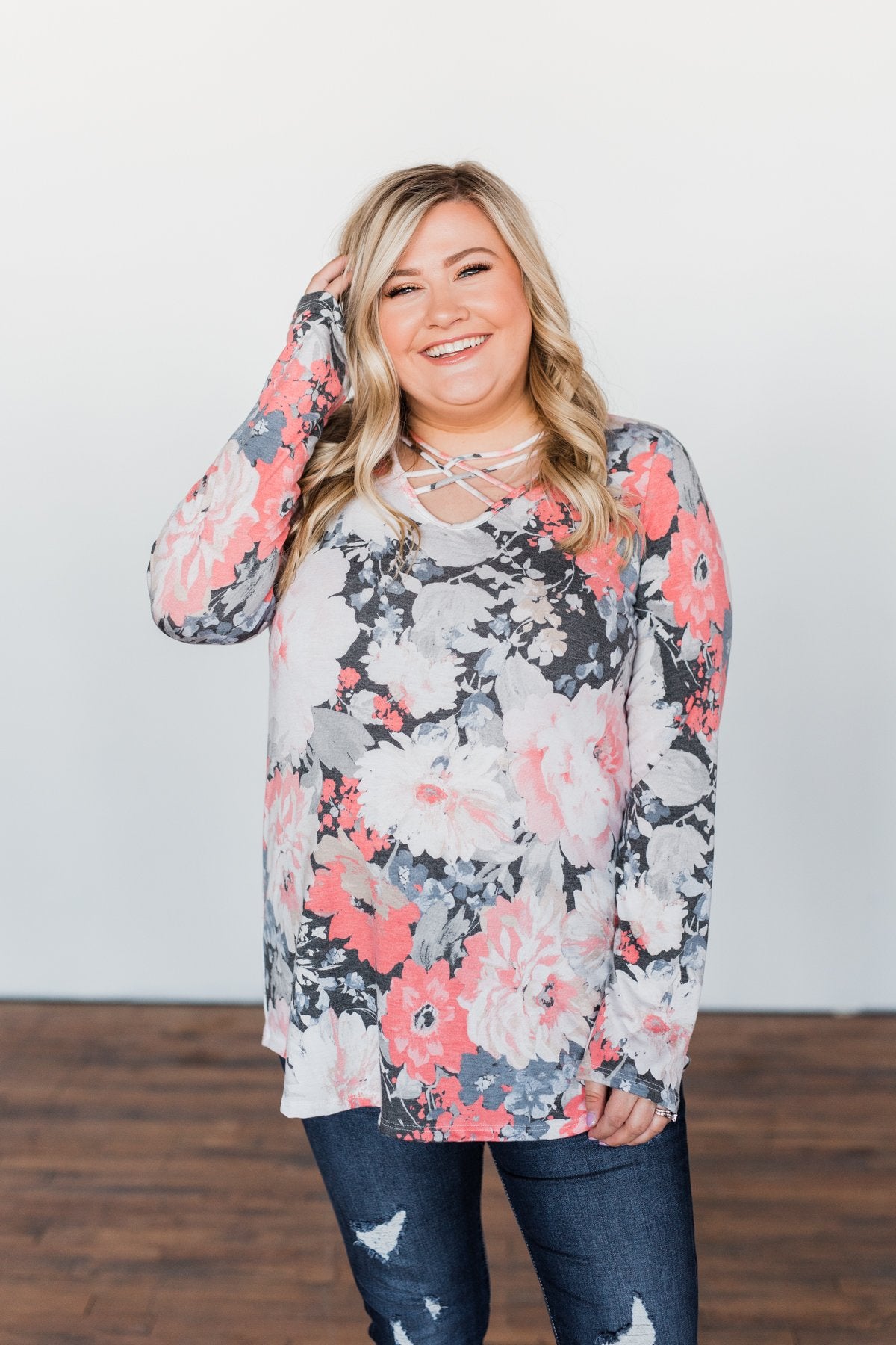 Finding Happiness Criss Cross Top- Charcoal & Coral