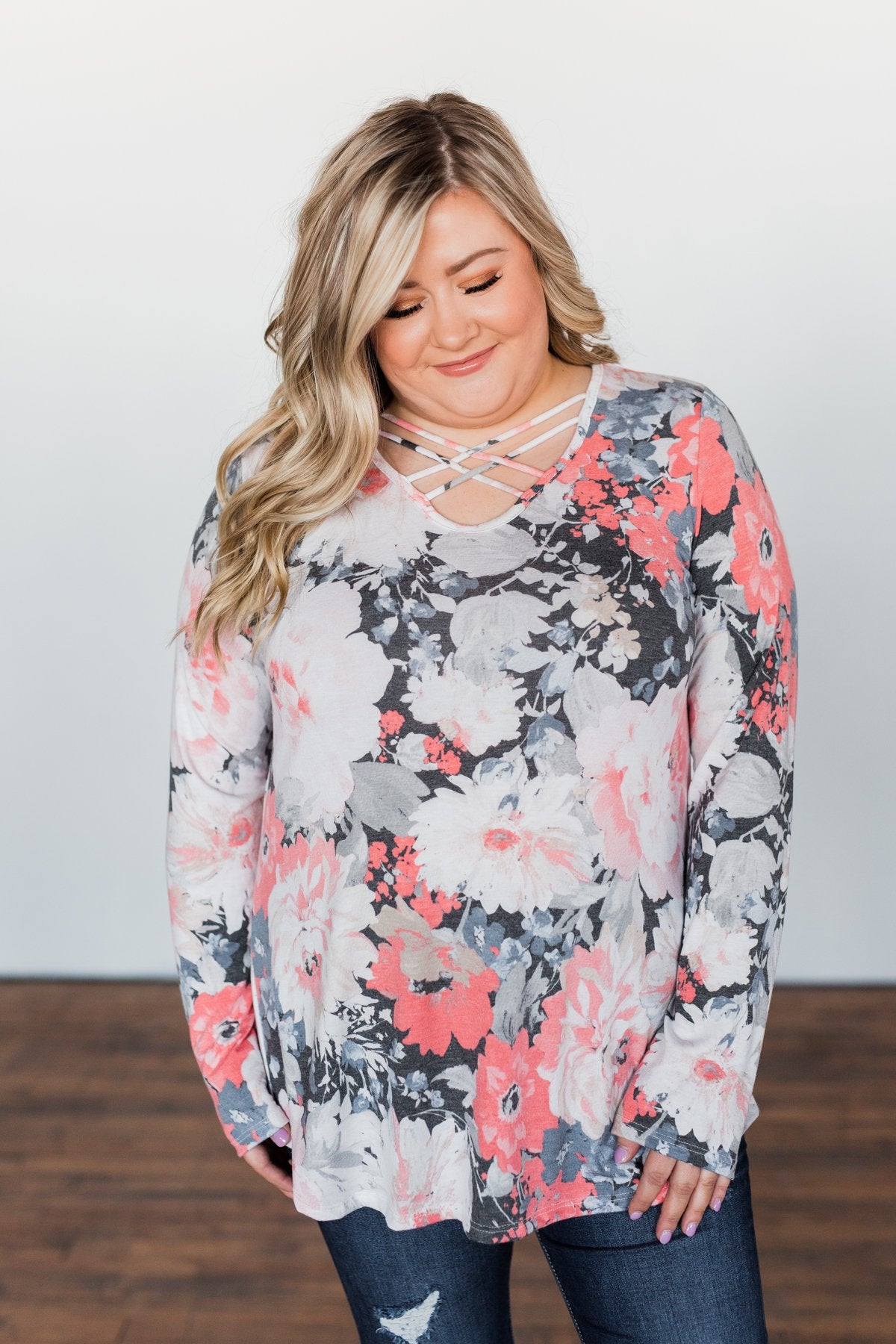 Finding Happiness Criss Cross Top- Charcoal & Coral