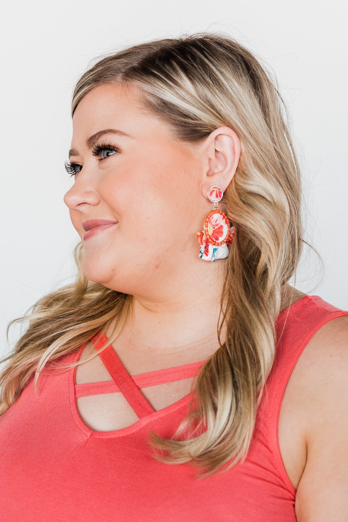 Ruffle Flare Dangle Earrings- White & Coral
