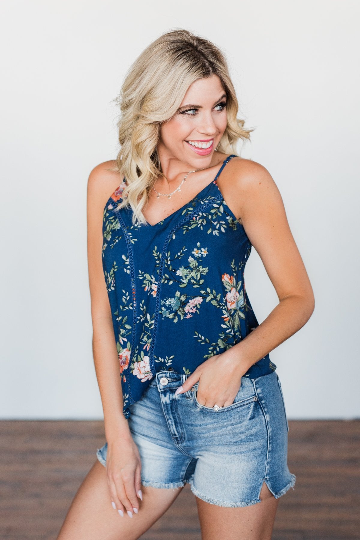 Take A Risk Floral Tank Top- Navy