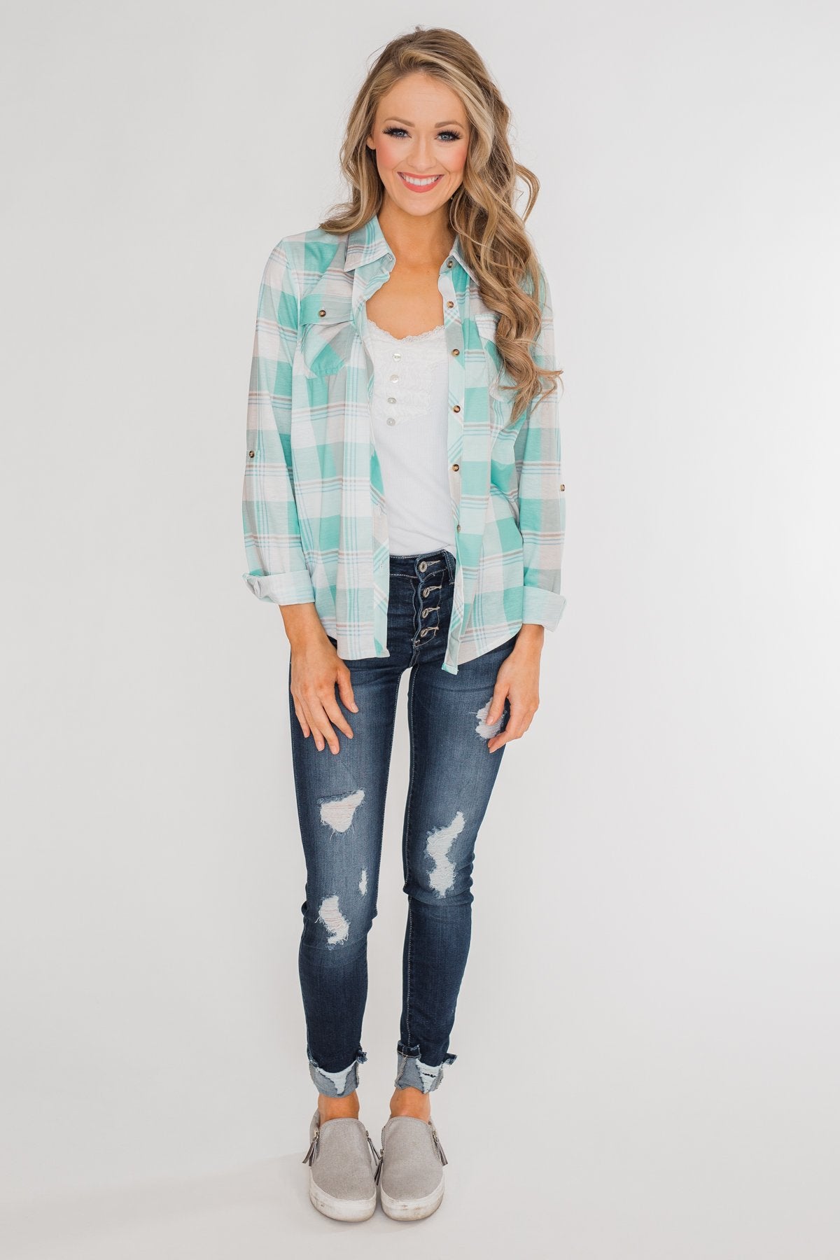 Signals to You Plaid Button-Up Top- Tiffany Blue