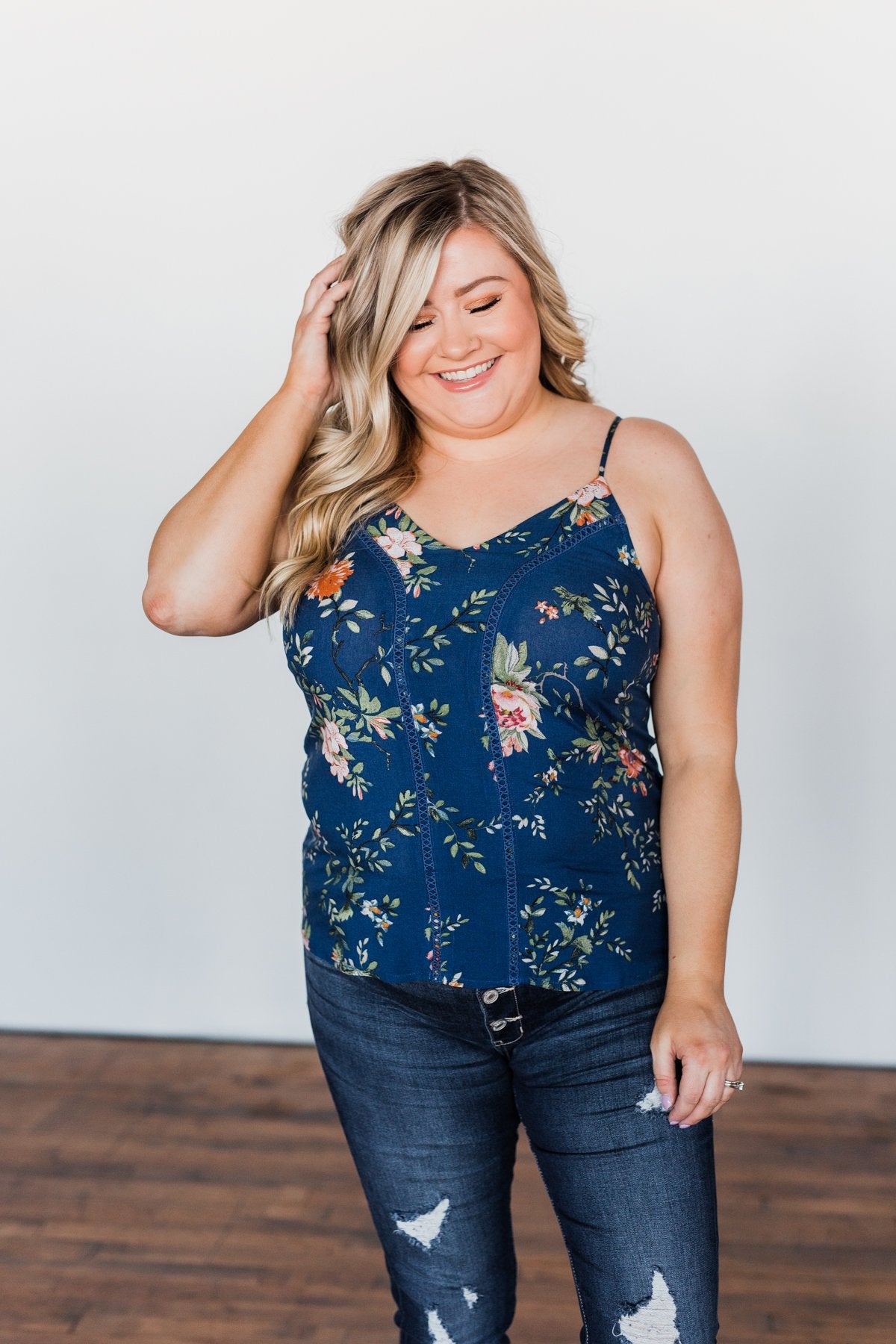 Take A Risk Floral Tank Top- Navy