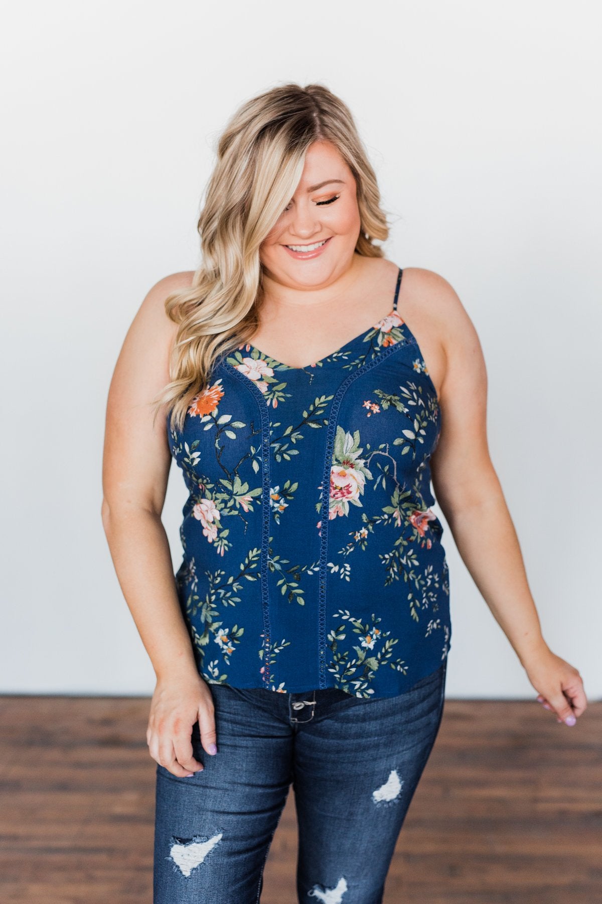 Take A Risk Floral Tank Top- Navy