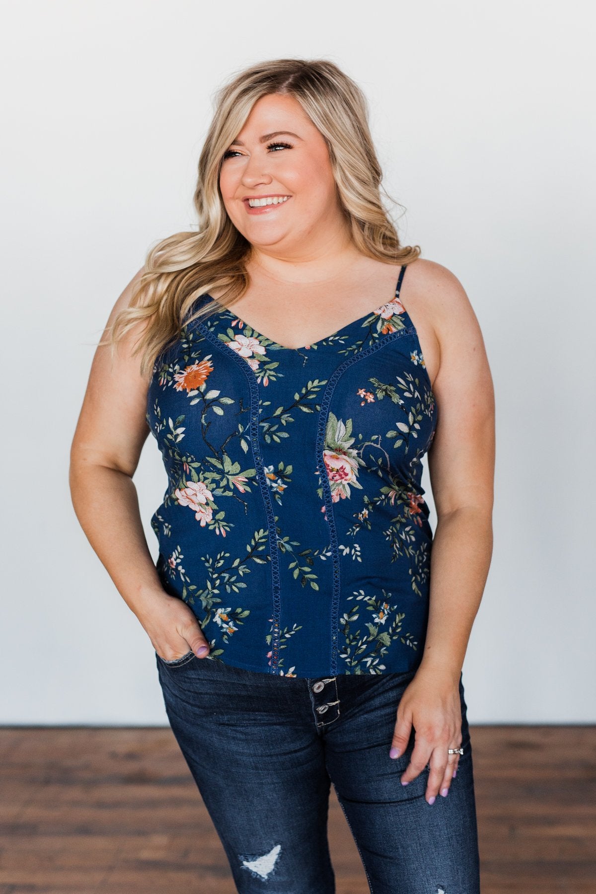 Take A Risk Floral Tank Top- Navy