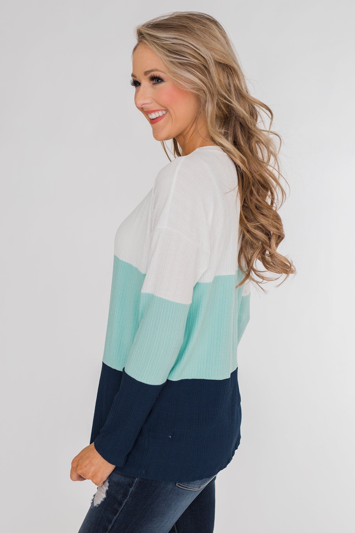 Take The Next Step Long Sleeve Color Block Top- Blue