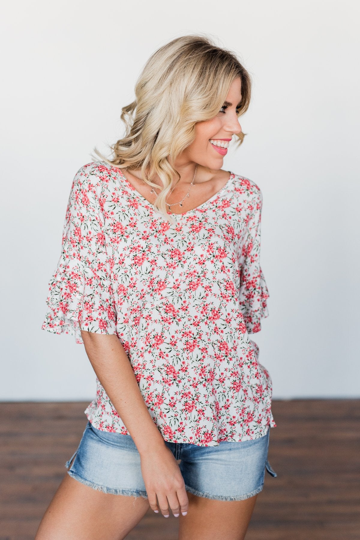 In The Sunshine Floral Ruffle Top- Ivory