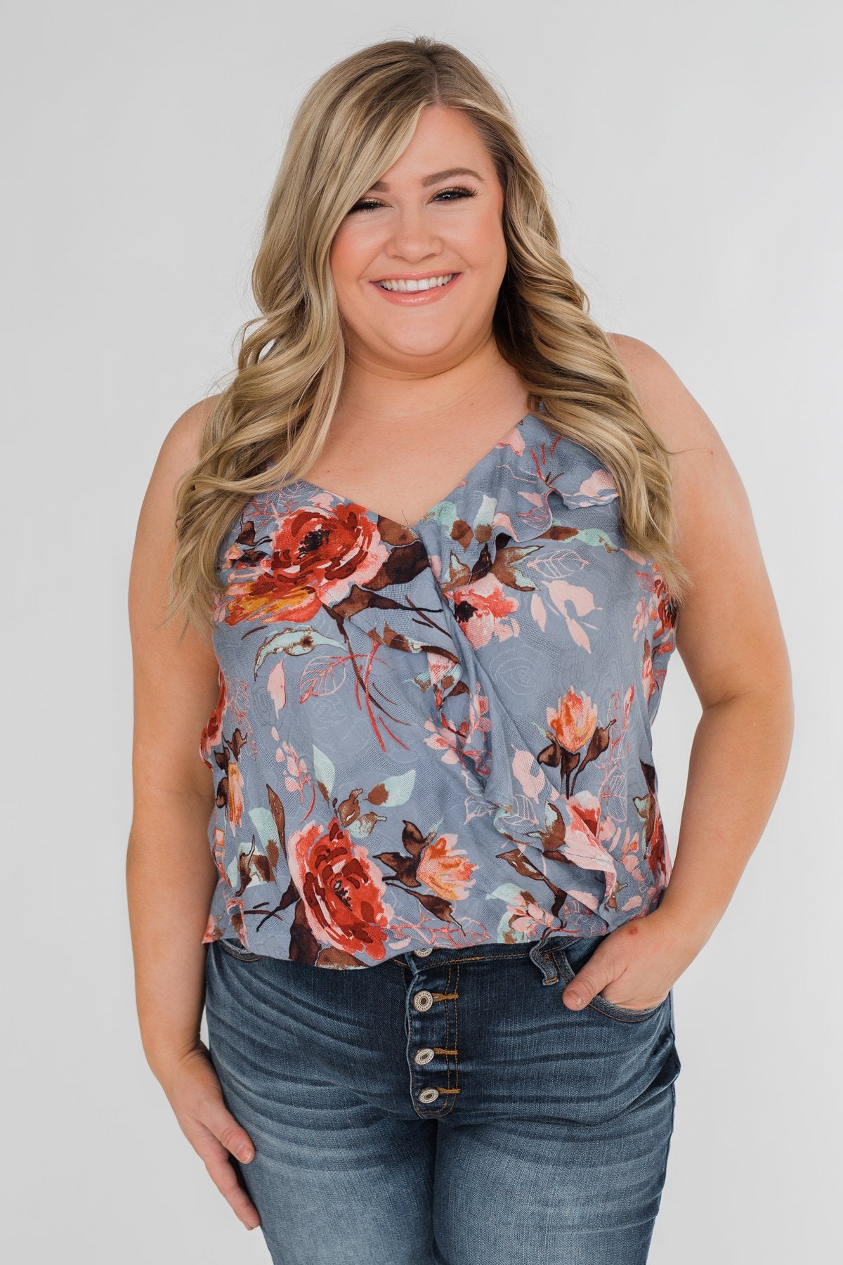 Dreaming of Floral Ruffle Tank Top - Light Steel Blue