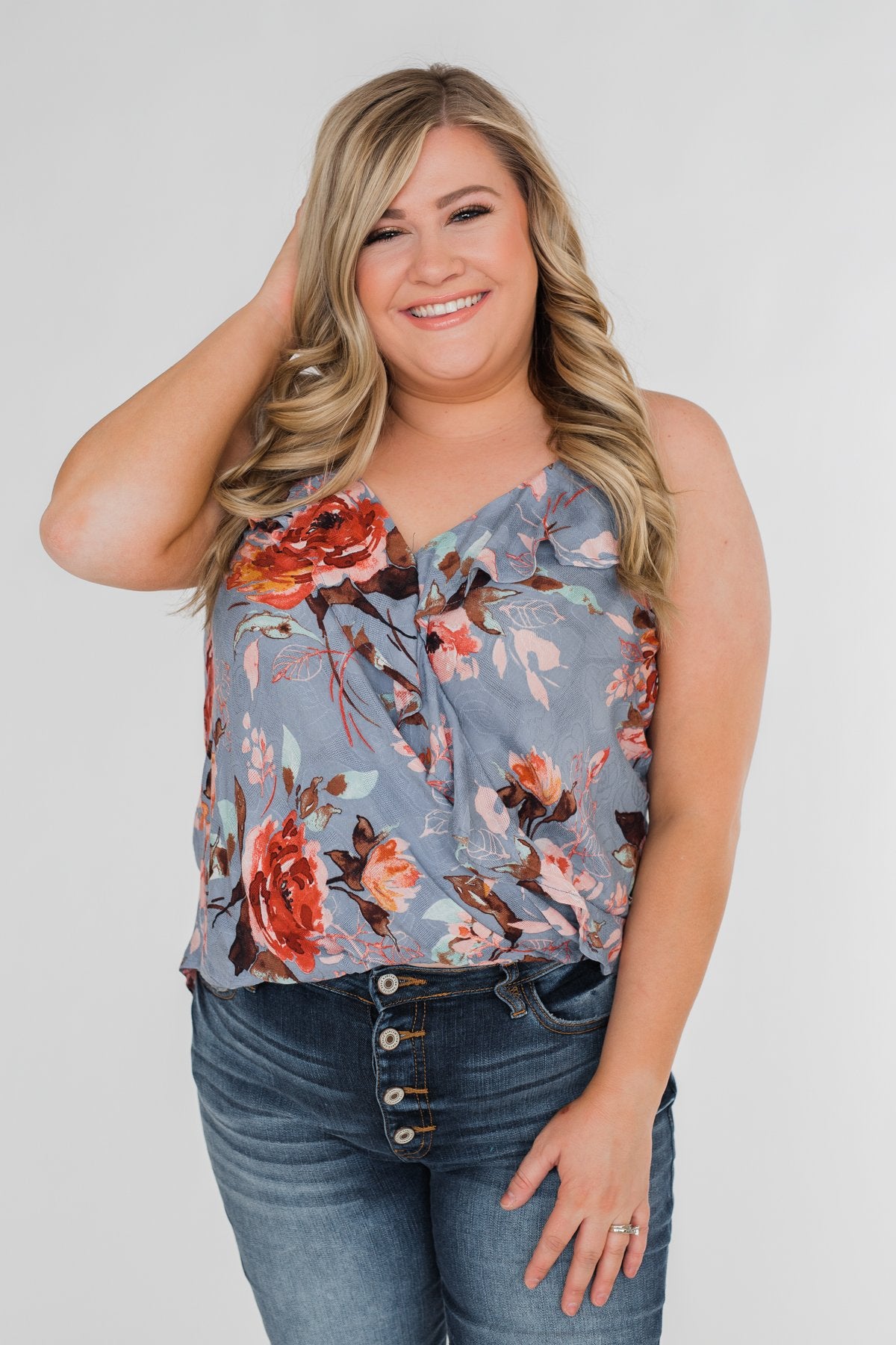 Dreaming of Floral Ruffle Tank Top - Light Steel Blue