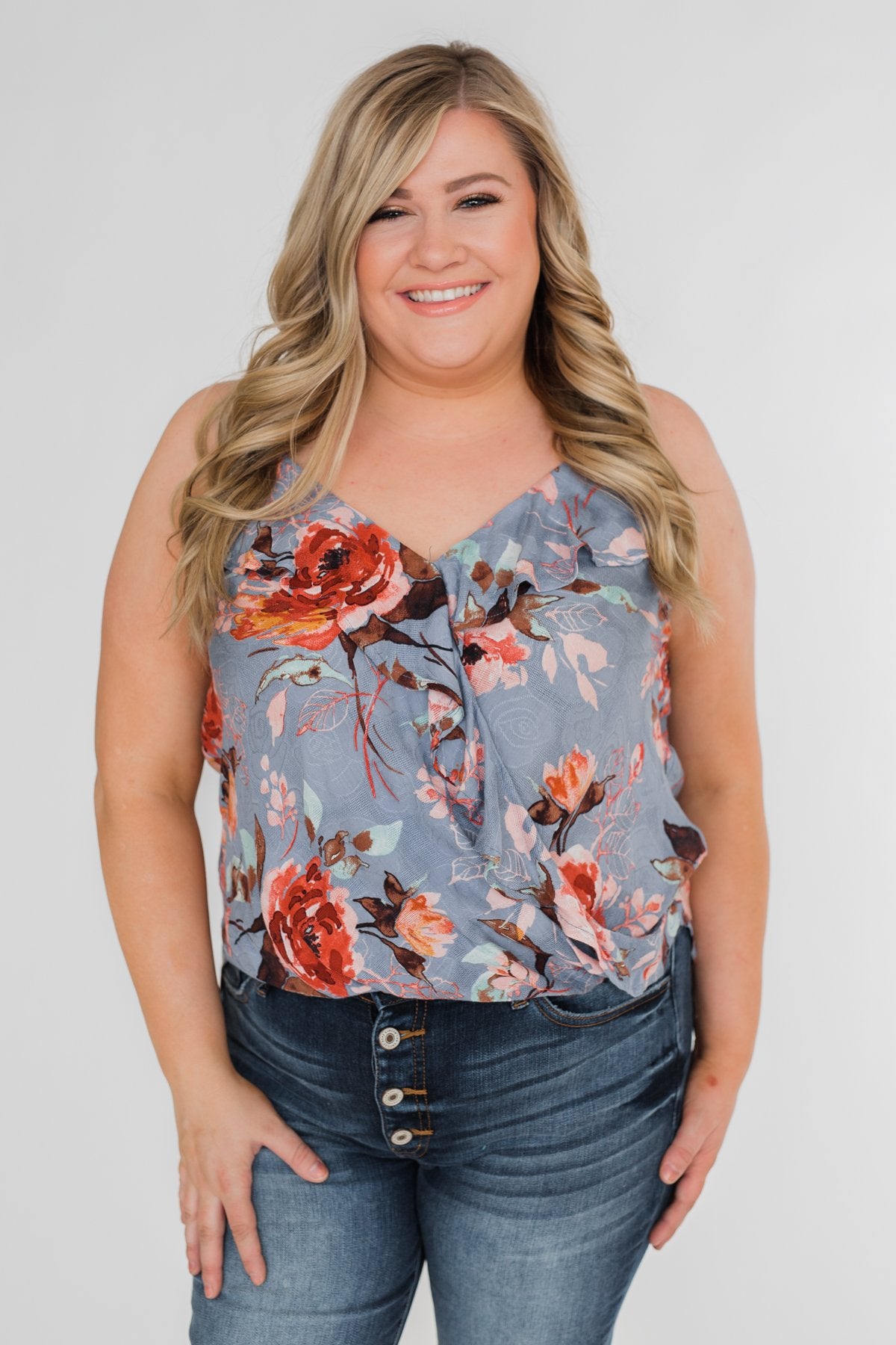 Dreaming of Floral Ruffle Tank Top - Light Steel Blue