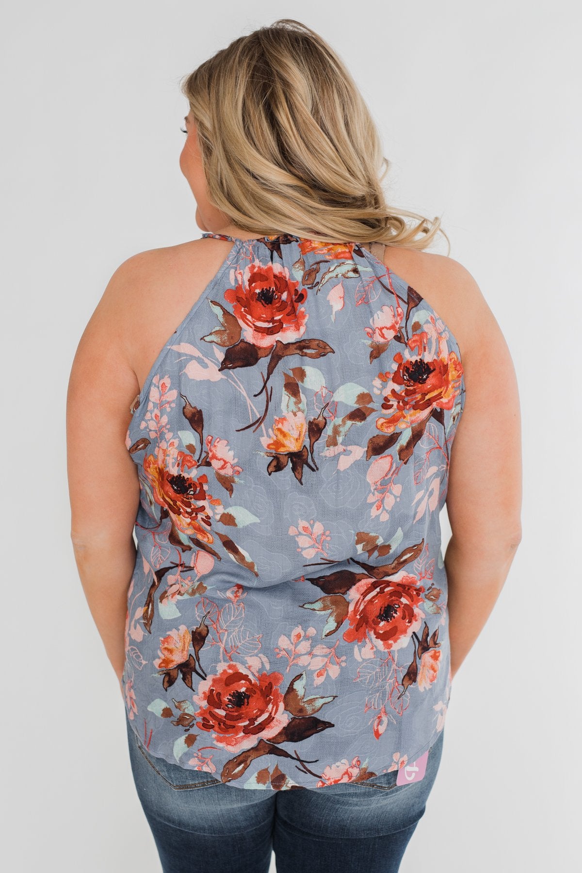 Dreaming of Floral Ruffle Tank Top - Light Steel Blue