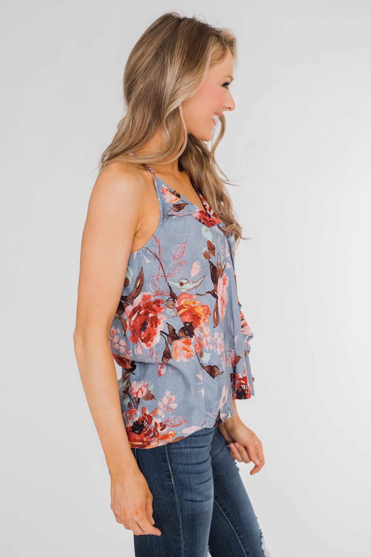 Dreaming of Floral Ruffle Tank Top - Light Steel Blue